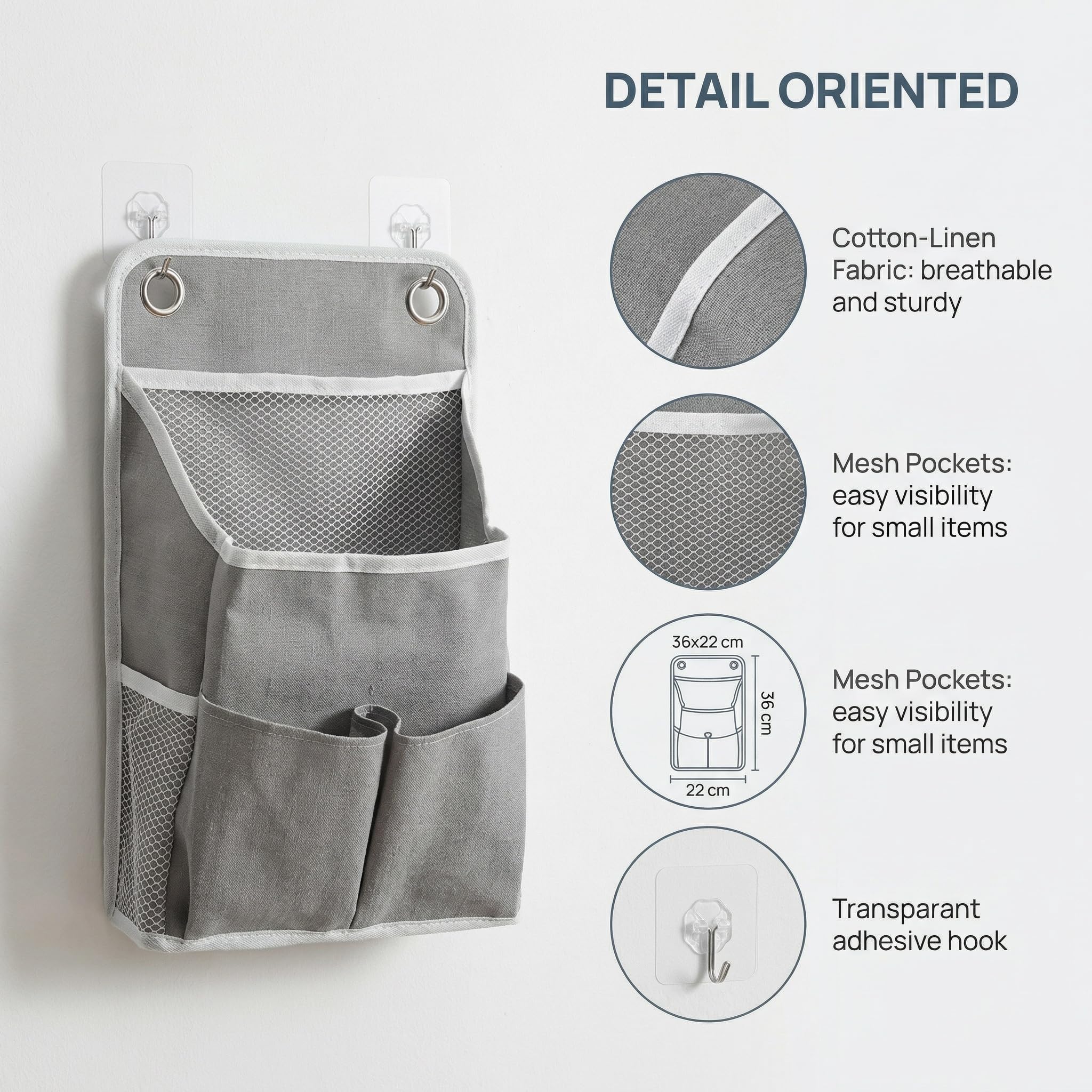 2PCS Sacs de Rangement Suspendus, Rangement Suspendu Pliable, Sac de Rangement Mural avec Poche et Crochets Pochettes Murales en Lin pour Chambre Bureau Salle de Bain Cuisine Gris