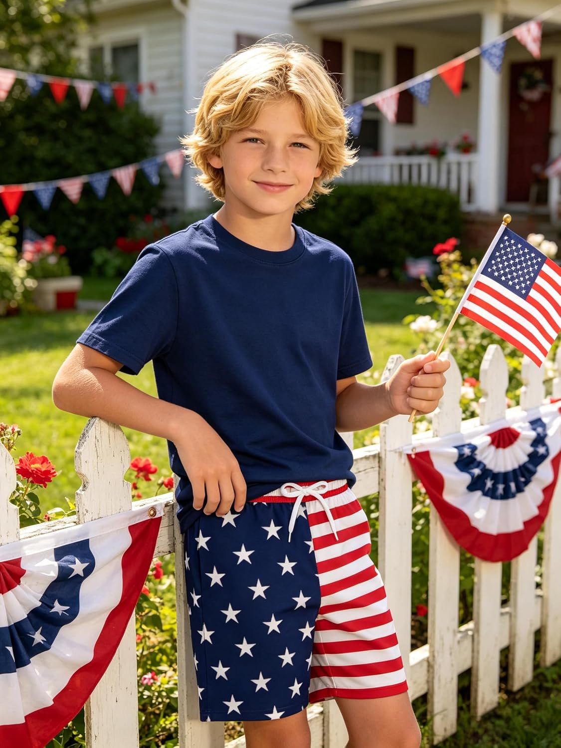 QAUN Kids 4th of July Flag Casual Shorts Girls Boys Patriotic Star-Striped Knit Sweatpants America Shorts