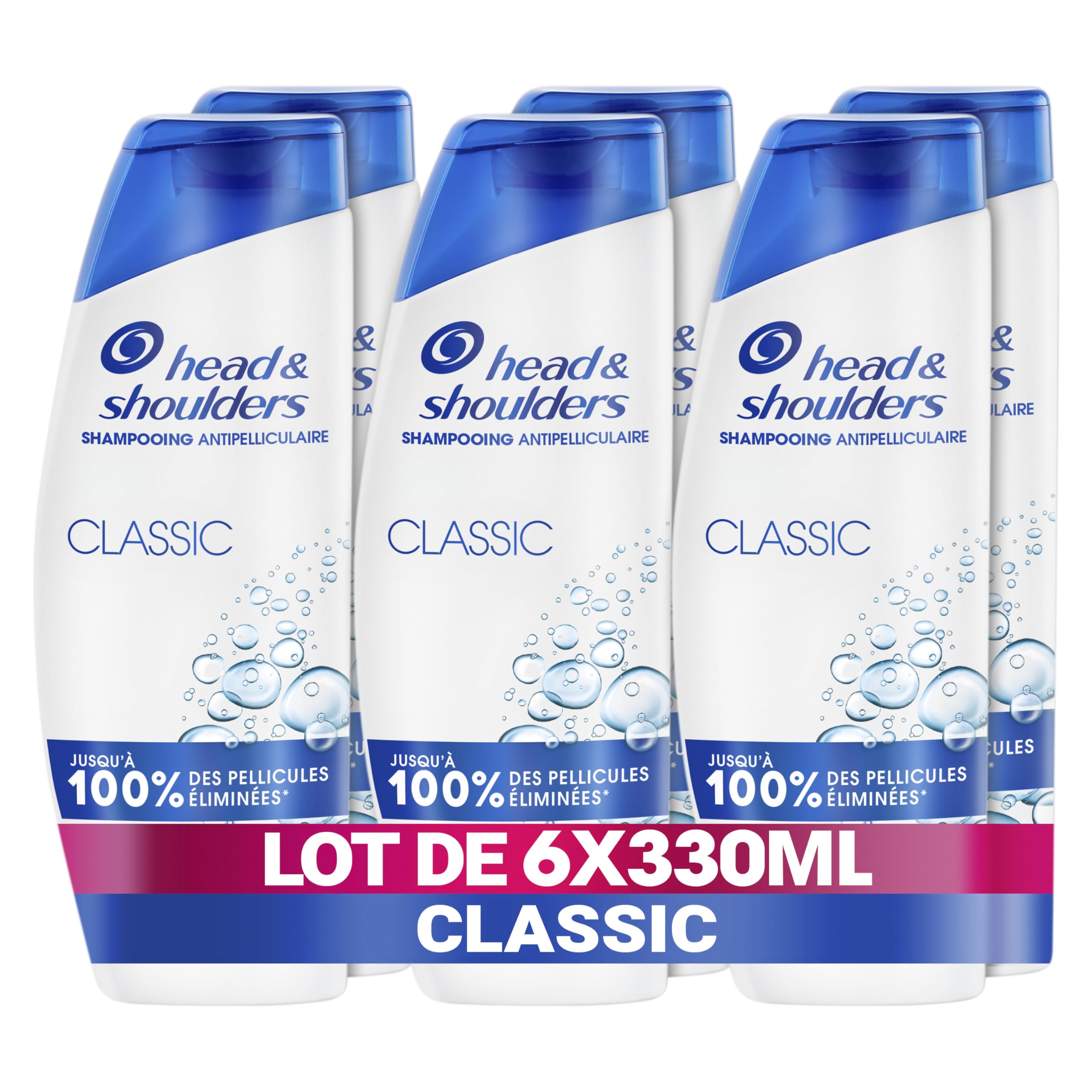 Head & Shoulders Classic Shampoing Antipelliculaire 6x330ml; Usage Quotidien; Jusqu'à 100% des Pellicules Éliminées, Cliniquement Prouvé; Tous Types de Cheveux et de Cuir Chevelu