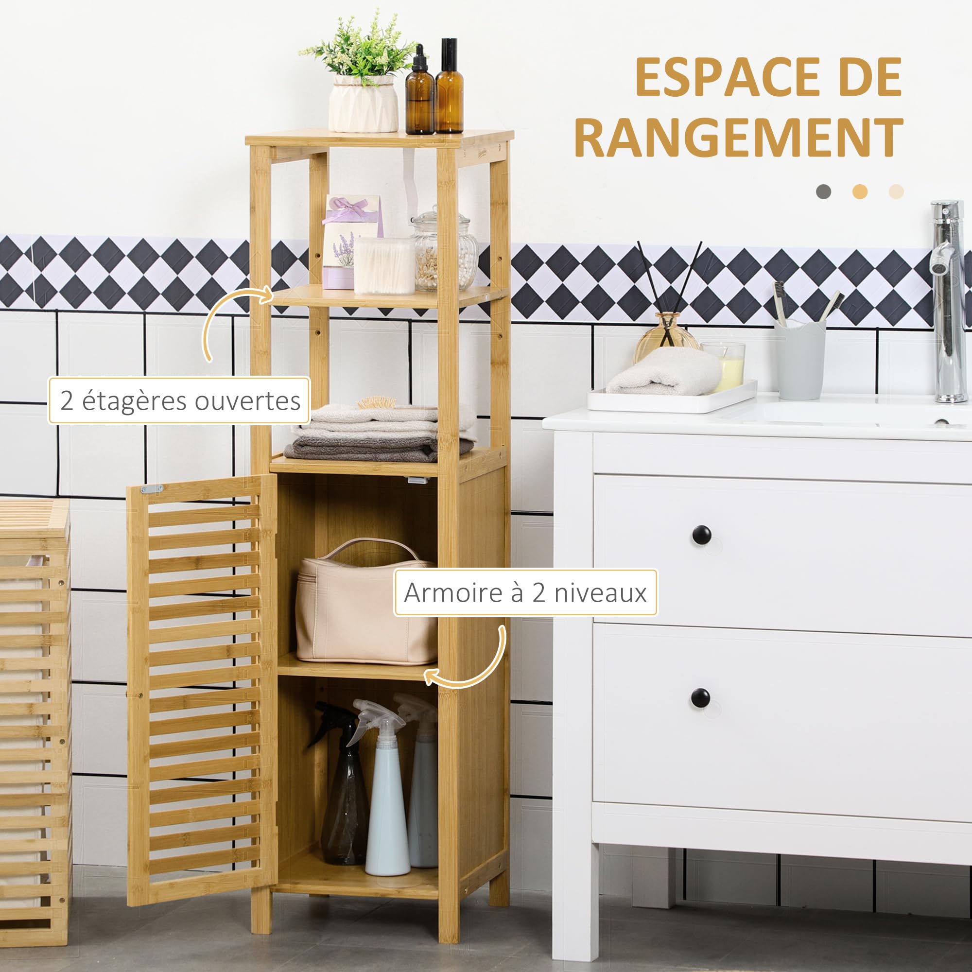 kleankin Meuble Colonne Salle de Bain en Bambou, Armoire de Salle de Bain Haute avec 2 étagères Ouvertes et Placard, Meuble de Rangement pour Salon, WC, 32,9 x 29,9 x 120 cm, Bois Naturel