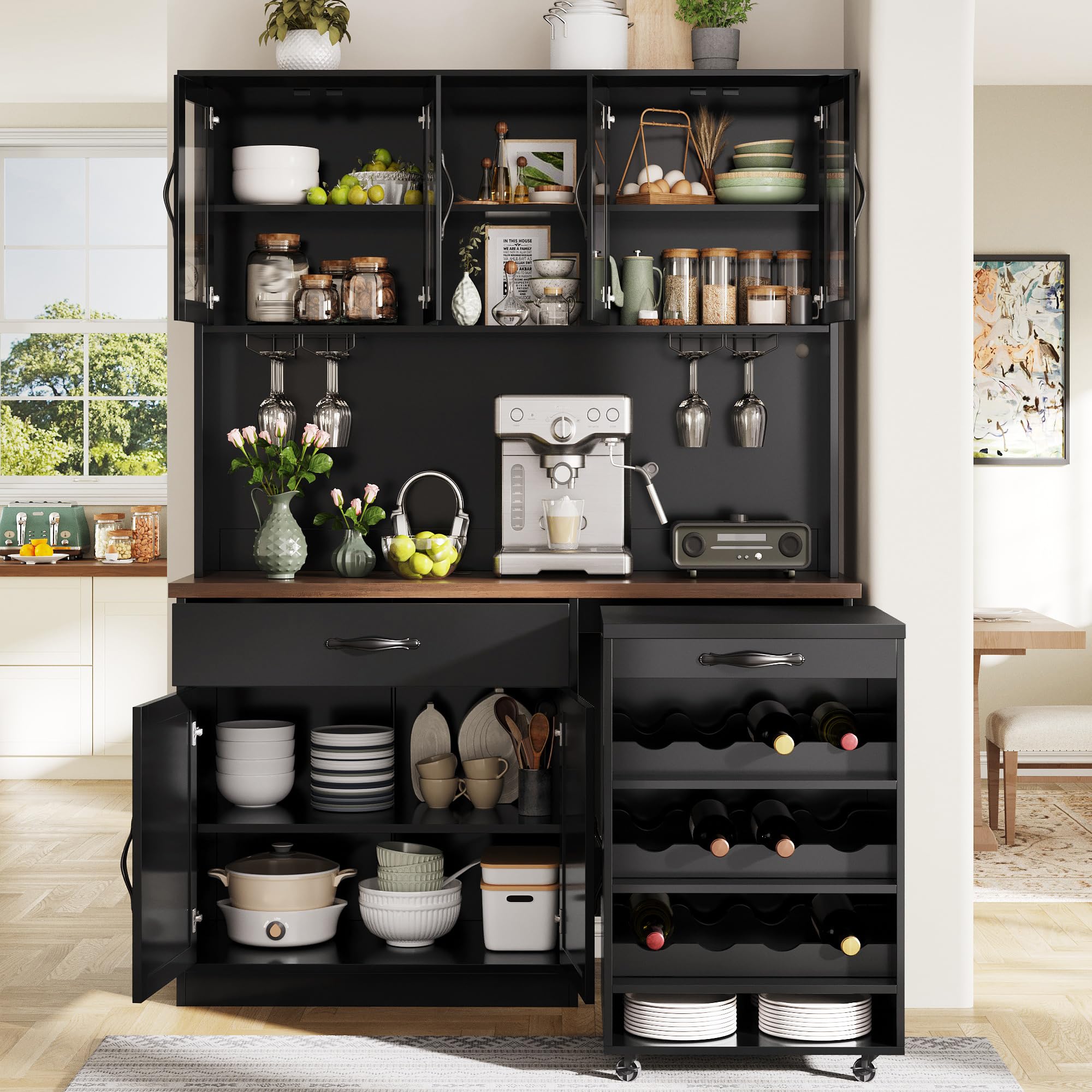 DHHU Meuble de Cuisine avec éclairage LED, Buffet Haut avec Chariot Amovible, 4 Portes en Verre avec Plan de Travail, Rangement Vin, 2 Tiroirs, Armoire de Rangement Haute pour Cuisine (Noir-4S)