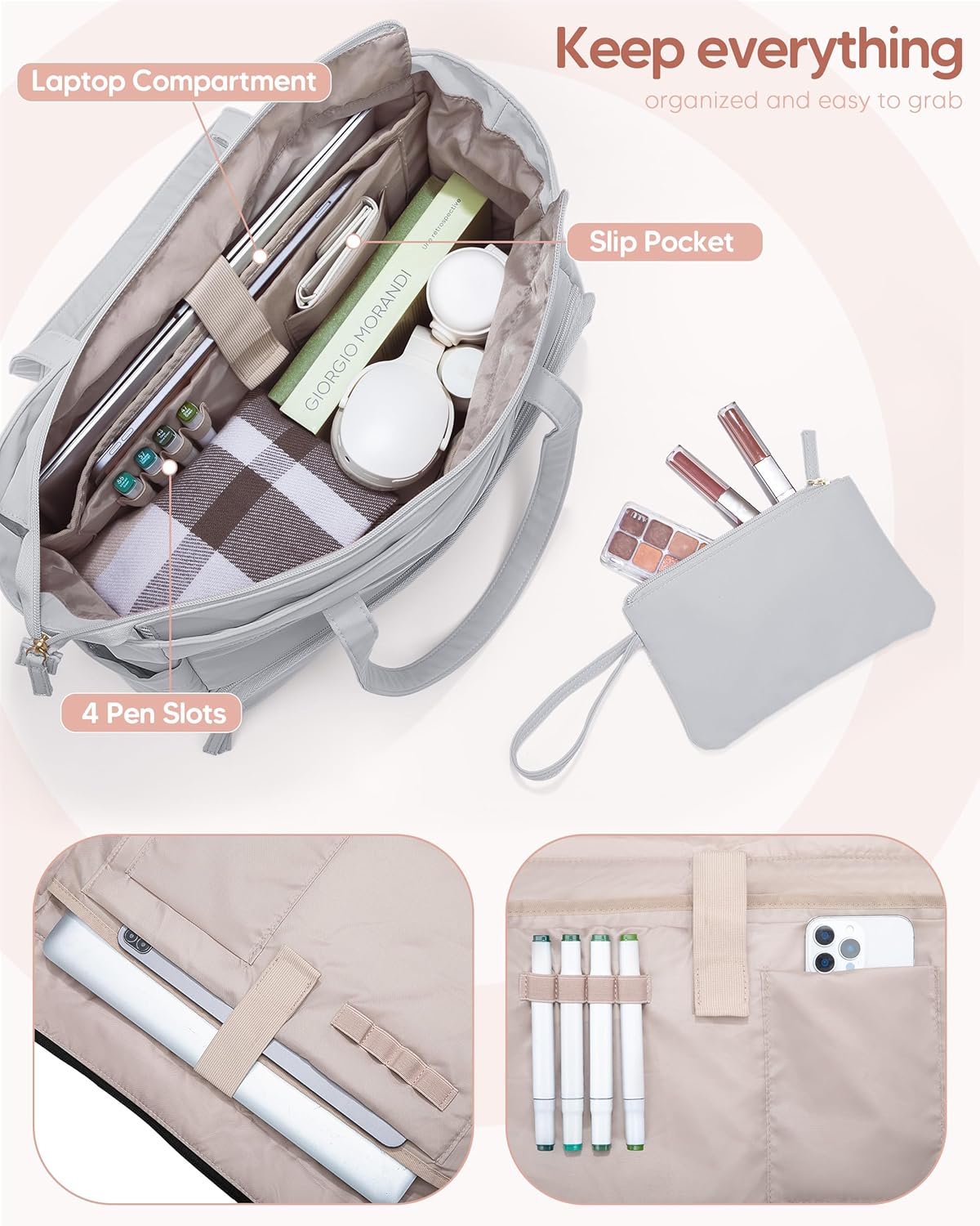 Lunch Tote Bag with Insulated Compartment & 15.6" Laptop Sleeve, Womens Water-Resistant Work Bag for Office with a Purse & Crossbody Strap, Gray - Image 5