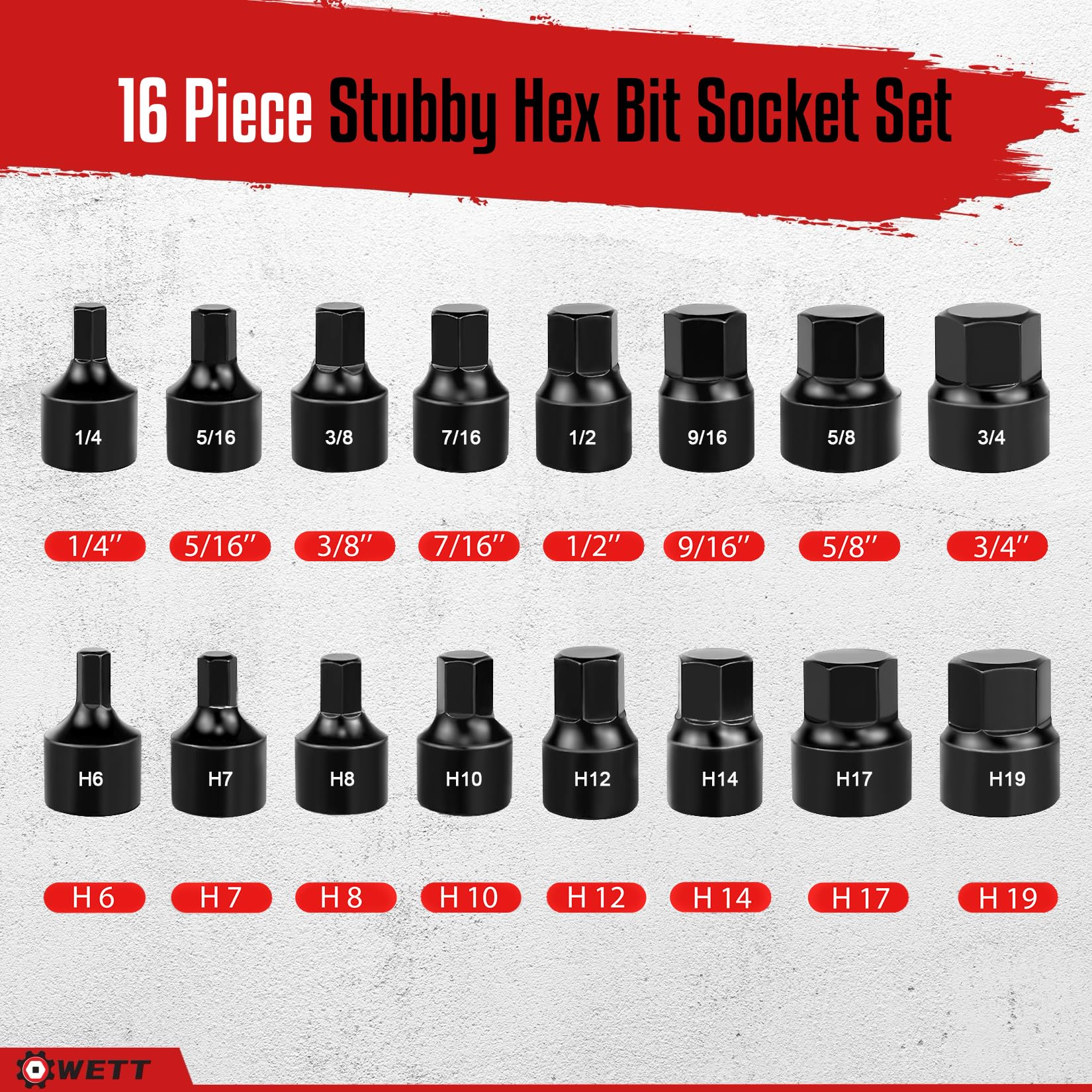 WETT Juego de destornilladores hexagonales de impacto de perfil bajo de 3/8 pulgadas, juego de llaves hexagonales de 16 piezas, acero Cr-Mo, SAE/métrico, (1/10.2 cm - 3/10.2 cm, 6-19 mm)
