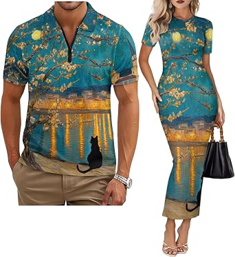 TOADDITDO Couples Matching Outfit Mens Short Sleeve Zipper Polo Shirts or Womens Bodycon Dress His and Her Outfit for Wedding