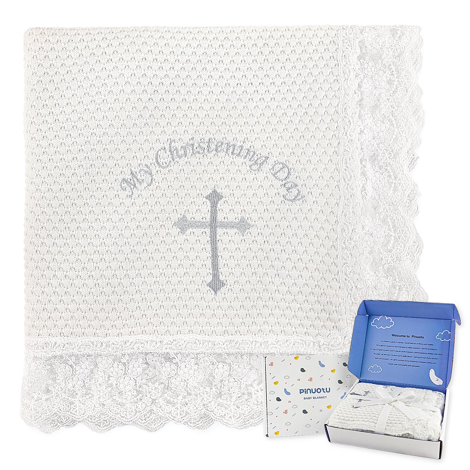 Pinuotu Baby Baptism Blanket – 100% Cotton Knit Christening Blanket with Lace Trim & Embroidered Cross, 40