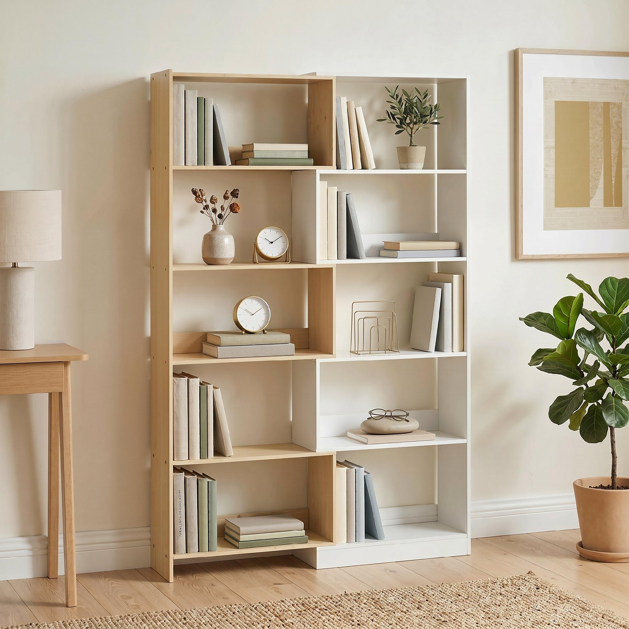 HOMCOM Libreria Scaffale a 5 Ripiani, Design Rotante a 350°, 3 Modi di Disporre, Libreria Angolare ad L Salvaspazio, Scaffale Portaoggetti per Soggiorno Ufficio, 111.5x23.8x163.7 cm Color Legno/Bianco