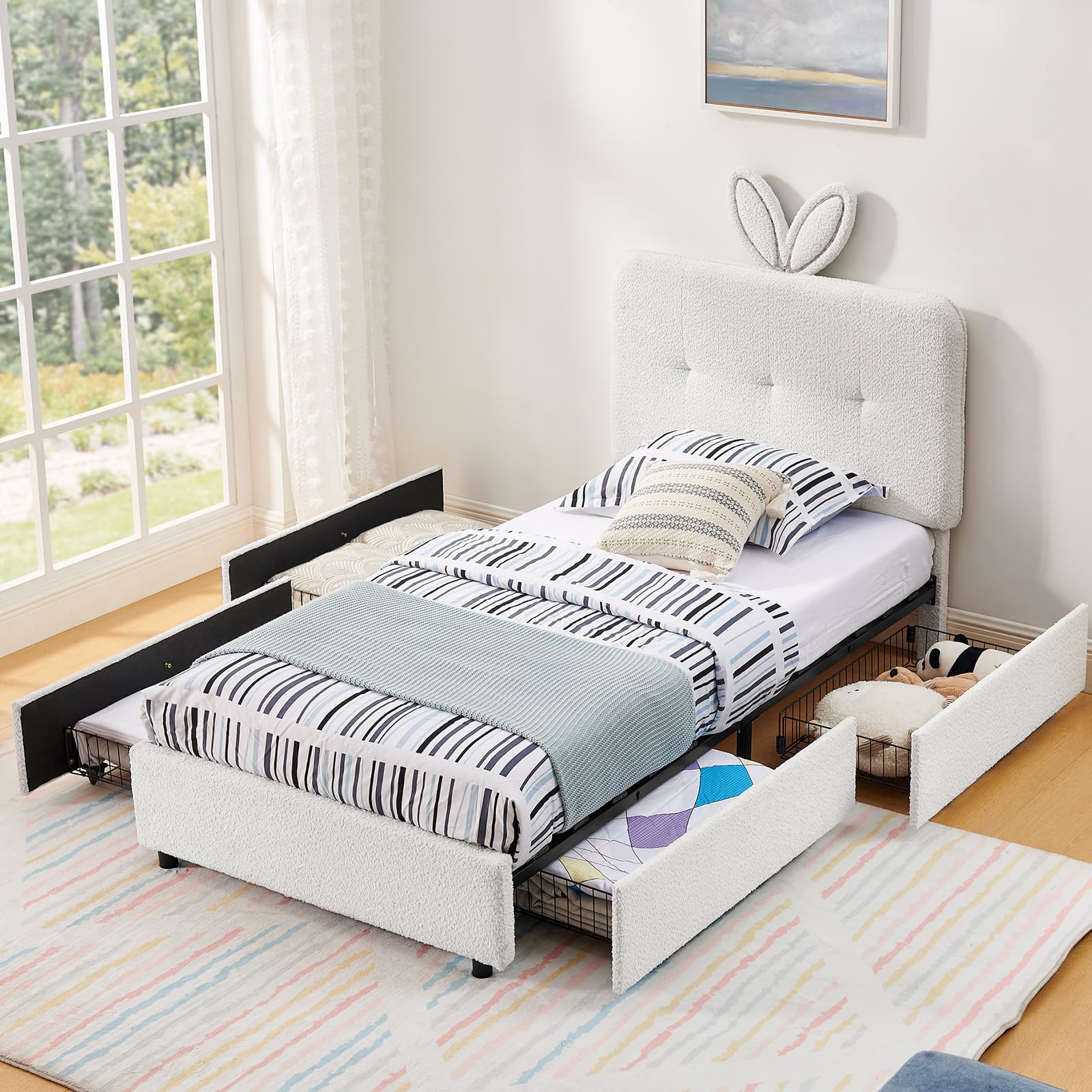 Twin Led Bed Frame with 4 Storage Drawer, Upholstered Platform Floor Bed with Rabbit Ear Headboard Daybed Strong Wooden Slats No Box Spring Needed for Kids Girls Boys, Beige