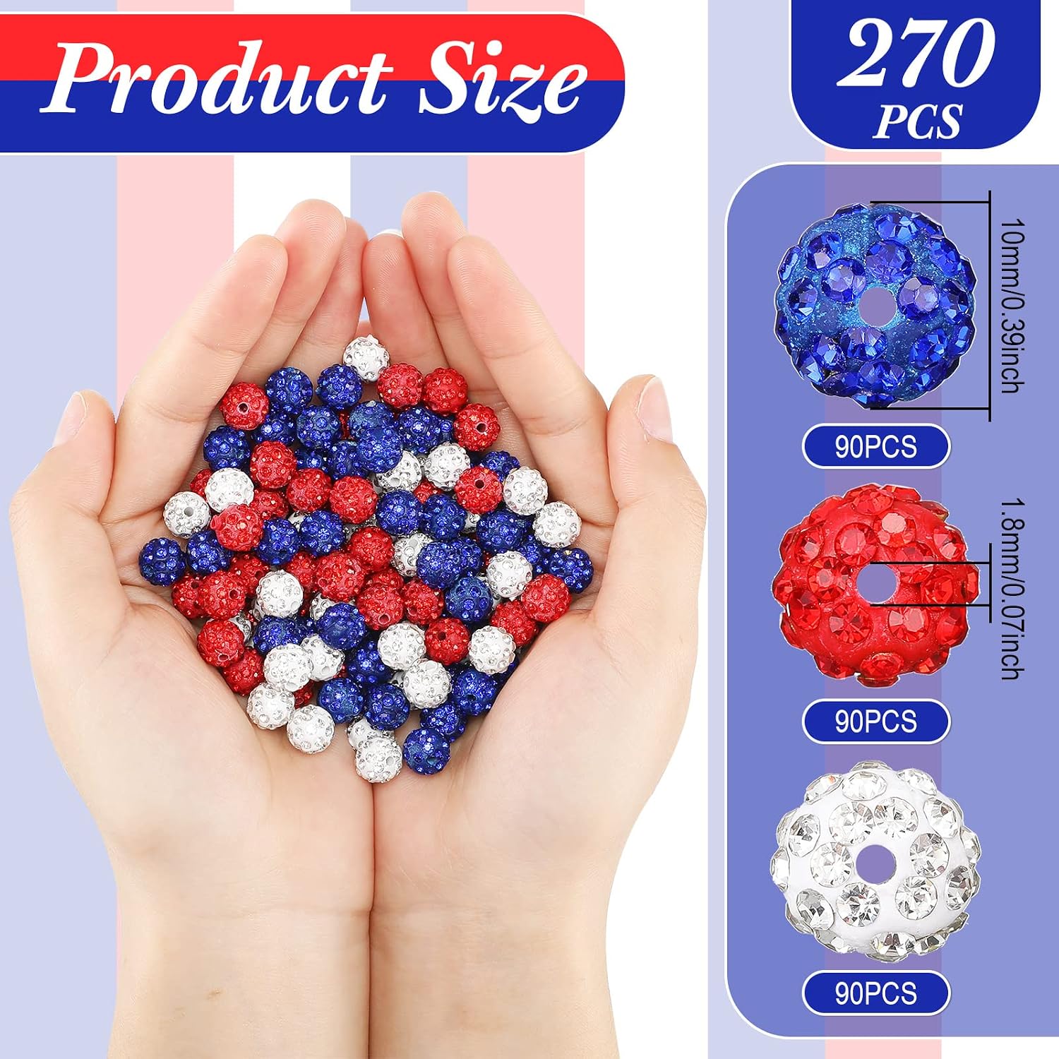 Crowye 270 Pcs 4th of July Rhinestones Clay Beads 10 mm Red White and Blue Patriotic Disco Ball Beads for Independence Memorial Day 250th Anniversary DIY Necklace Bracelet Jewelry Making