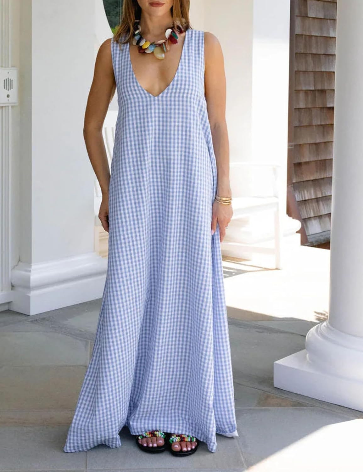 Yeokou Women Summer Gingham Plaid Maxi Dress Spaghetti Strap Loose Casual Beach Vacation Sundress with Pockets