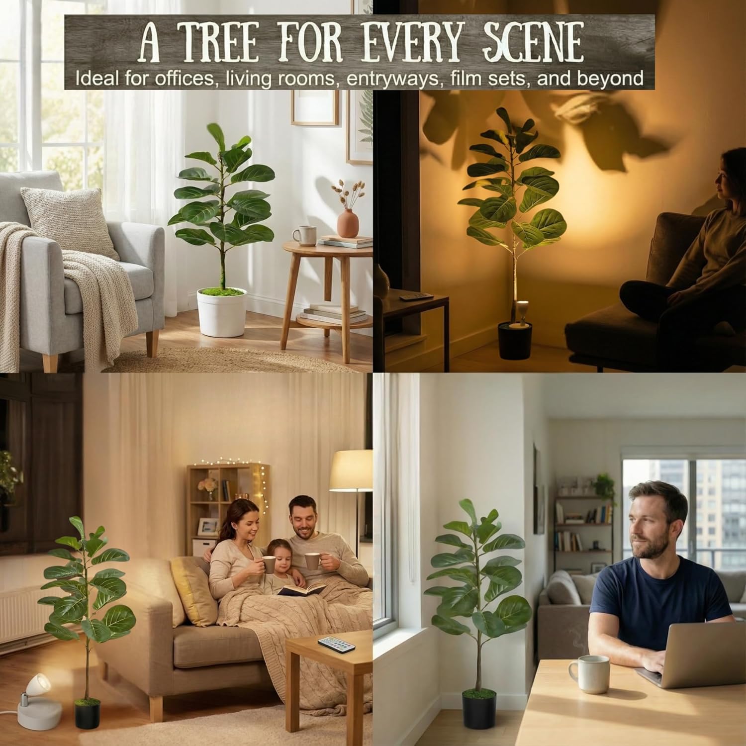 Artificial Fiddle Leaf Fig Tree 3ft (36 Inch) Tall - with Remote LED Spotlight - Realistic Faux Potted Plant & Moss for Living Room & Office Decor - Image 6