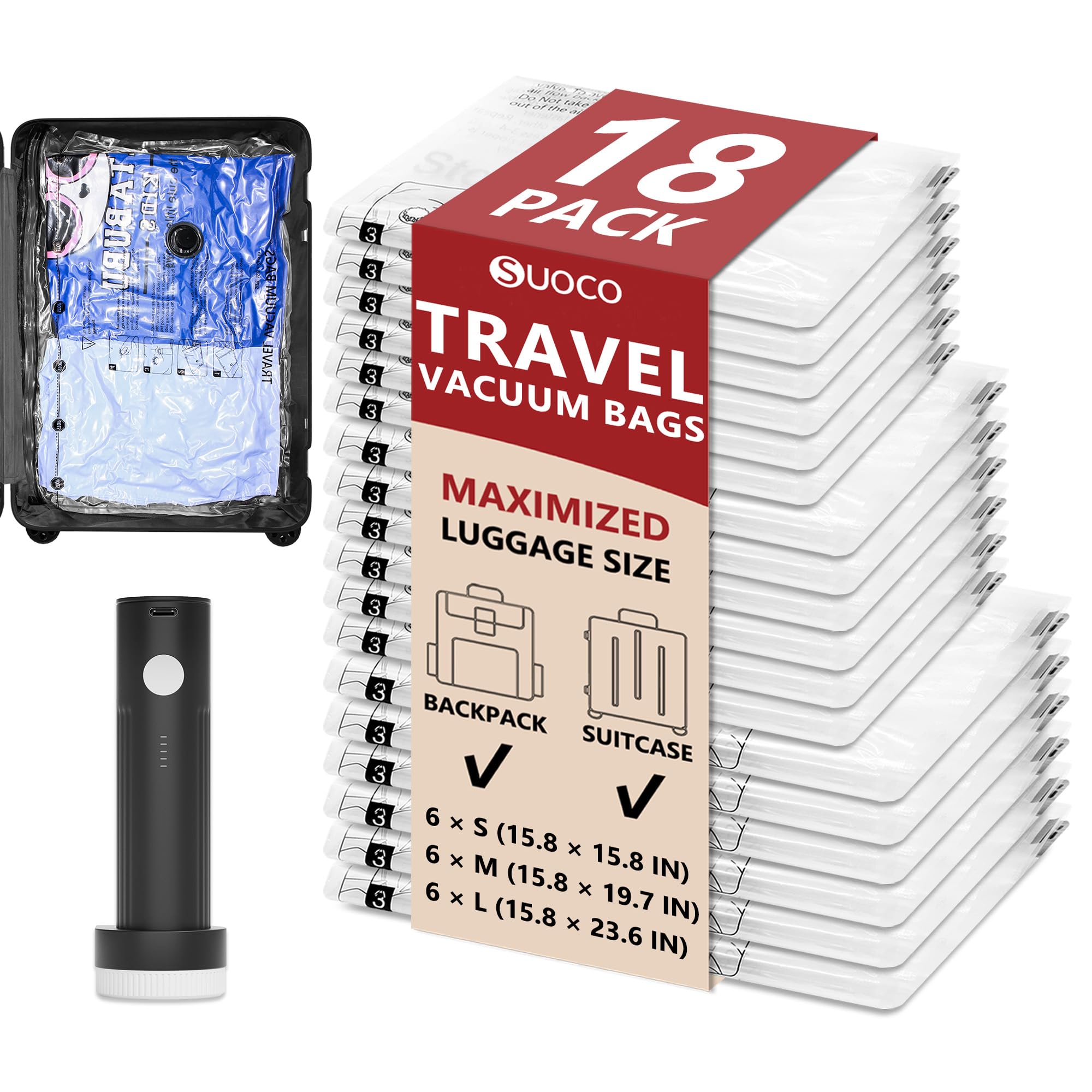 18 Pack Travel Vacuum Storage Bags for Clothing with Rechargeable Electric Pump, Compression Packing Cubes Organizer for Luggage Suitcase, Space Saver Seal Bags for Vacation Cruise