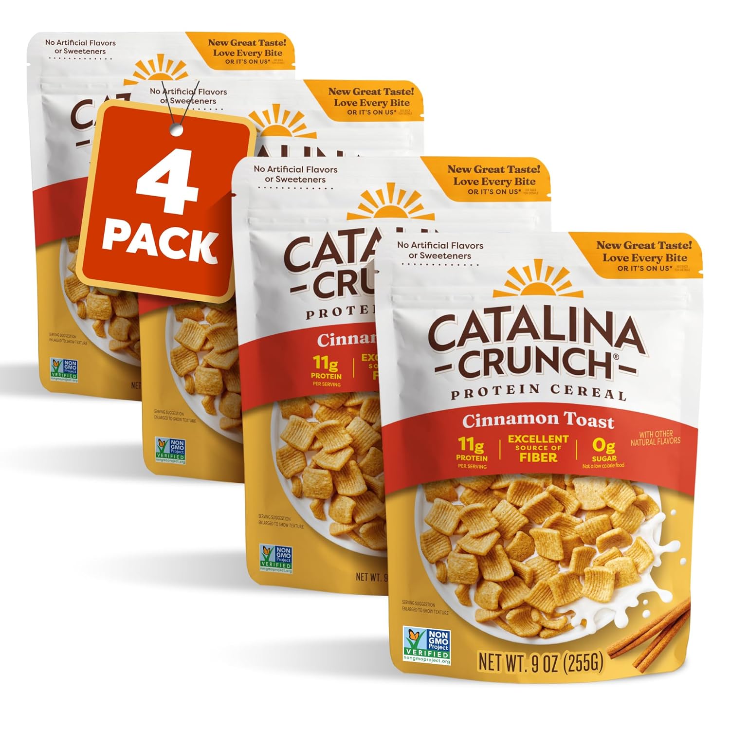 Catalina Crunch Protein Cereal | Sugar Free Breakfast Cereal with 11g of Protein | Gluten Free, Excellent Source of Fiber | Cinnamon Toast - 9 oz. Bag (Pack of 4) (Packaging May Vary)