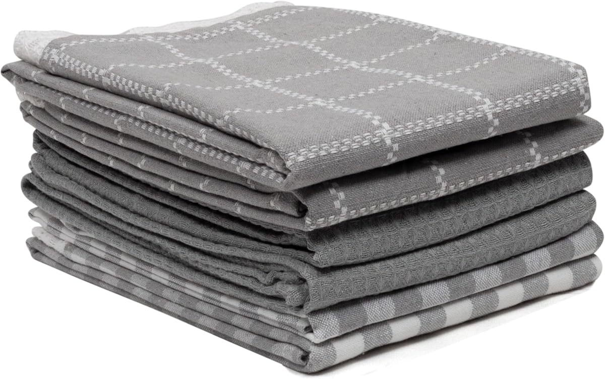 SYDR Kitchen Towel Set (18”x 28”, 6 Pack), Cotton Kitchen Hand Towel, Waffle Dish Towel, Highly Absorbent with Hanging Loop, Grey