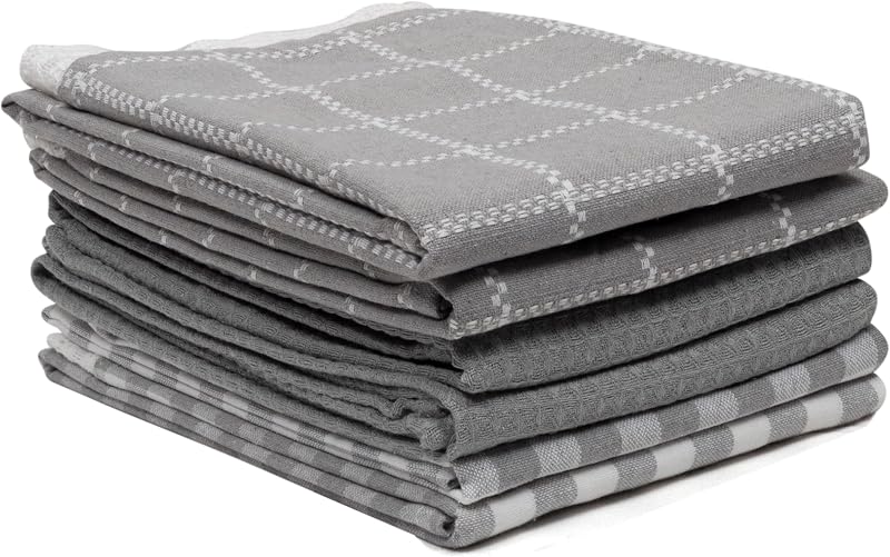 SYDR Kitchen Towel Set (18”x 28”, 6 Pack), Cotton Kitchen Hand Towel, Waffle Dish Towel, Highly Absorbent with Hanging Loop, Grey