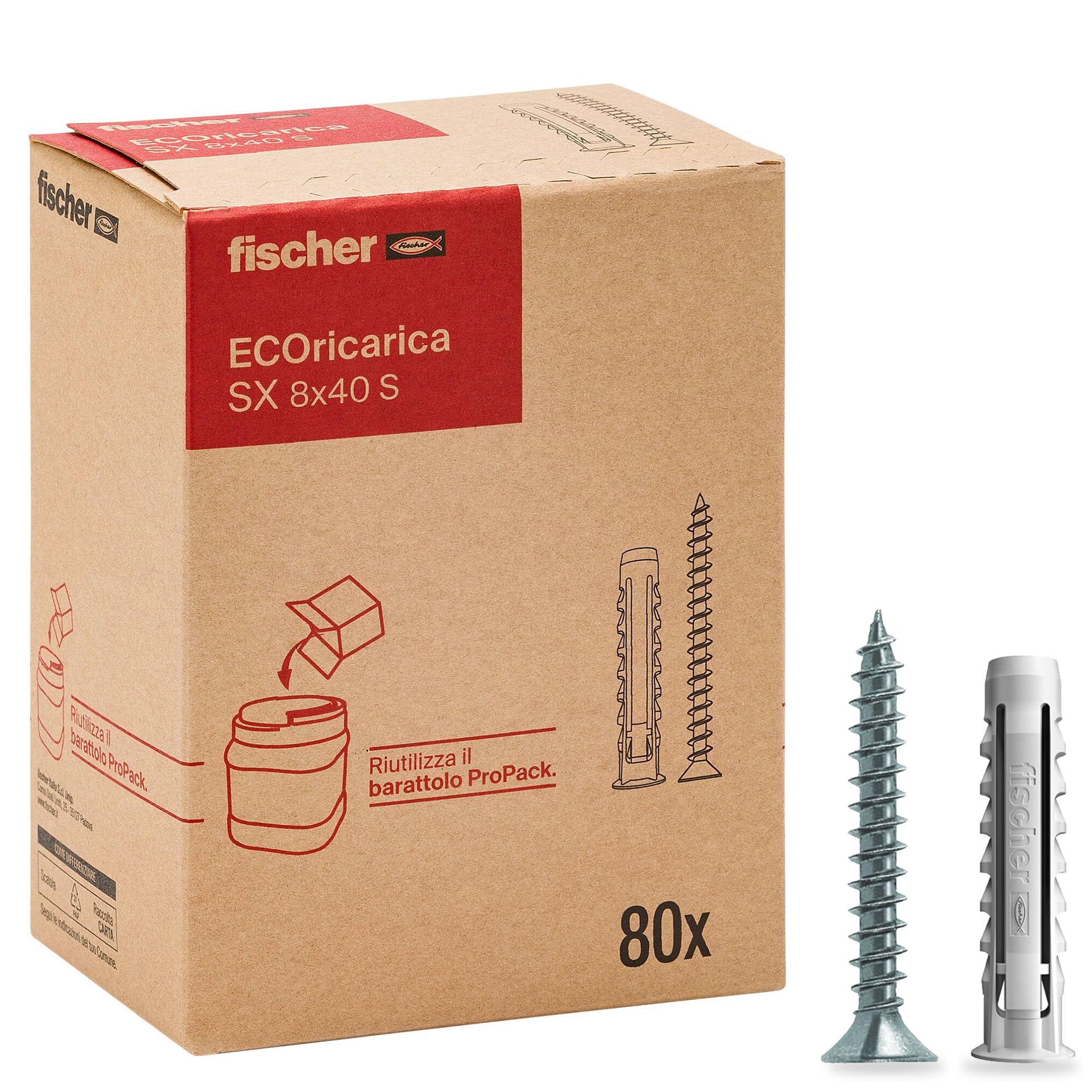 Fischer Ecoricarica 80 Dowels SX 8 x 40 S with Screw