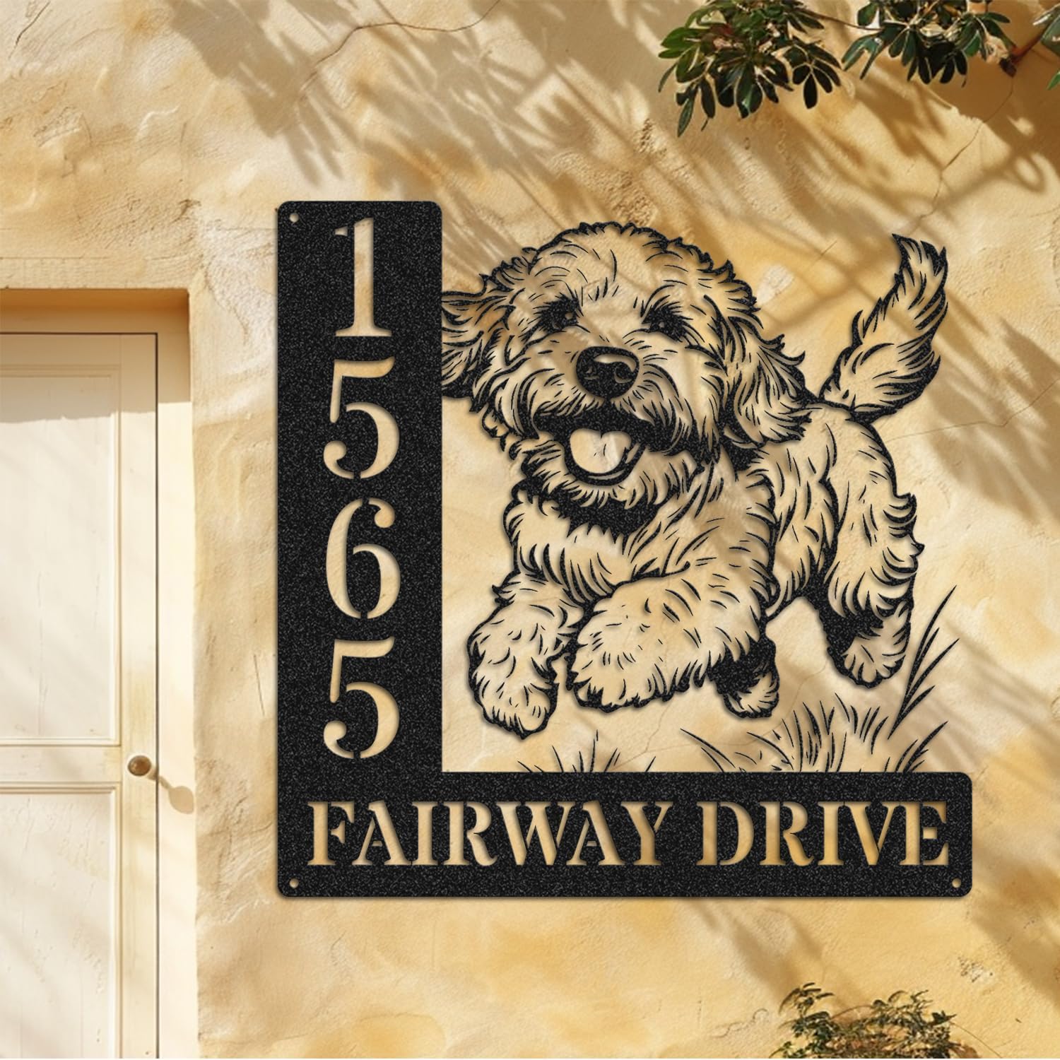 Personalized Goldendoodle Dog Address Plaque, Custom Metal House Number Sign, Playful Goldendoodle Design, Outdoor Yard Decor for Dog Lovers (Goldendoodle)