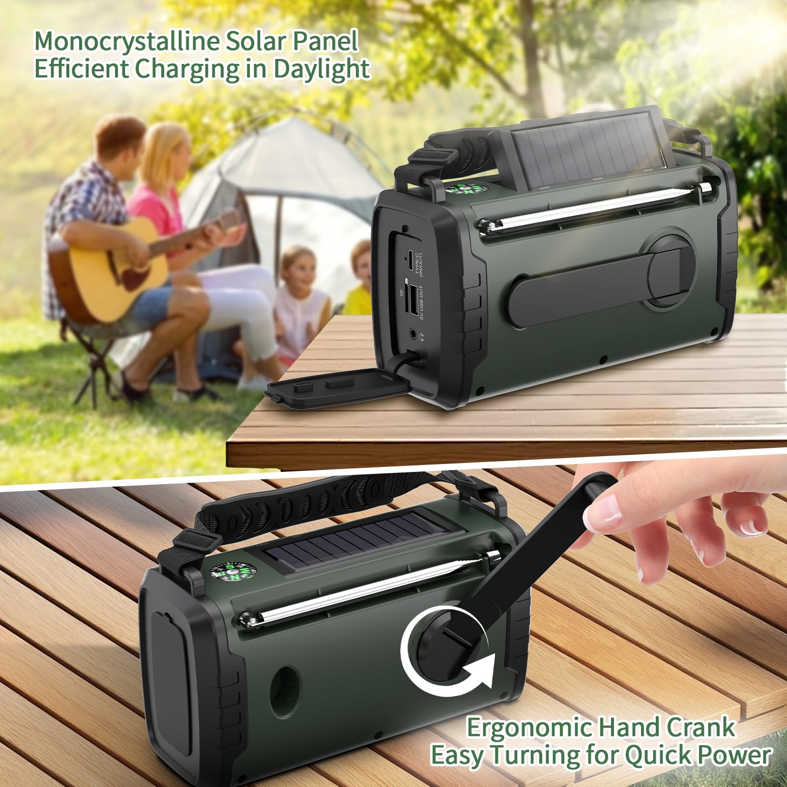 Radio di Emergenza DAB+/FM 27000mAh con Powerbank – Radio Solare e a Manovella con Bluetooth 5.3, SOS, Torcia e Luce Lettura per Campeggio e Blackout（Verde militare）