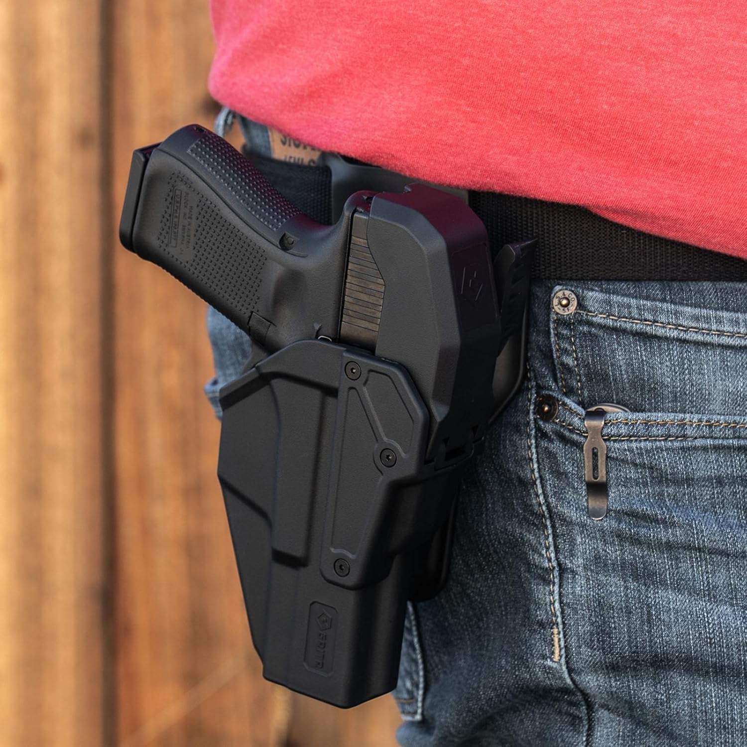 GRITR Level 2 Duty Holster Fits Glock 17 (Gen 1-6), G19 (Gen 1-6), G19X, G22, G23, G44, G45 (Gen 5 & 6) - Right Hand OWB - Optic Ready, Adjustable Retention, Mid Ride Belt Slide, Thumb-Release Hood