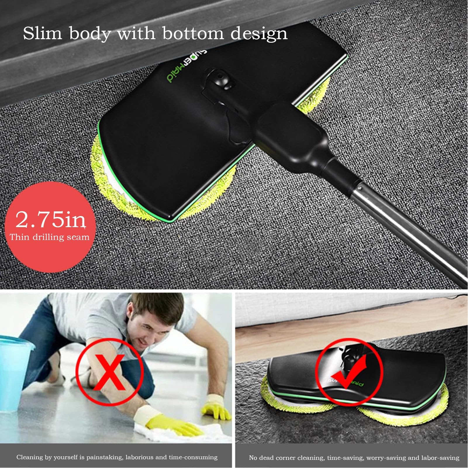 Fregona Electrica Sin Cable, Piso Portátil Mopa Giratoria, Recargables Trapeador de La Limpieza del Piso del Hogar con 2 Almohadillas de Microfibra y 2 Almohadillas para Pulir