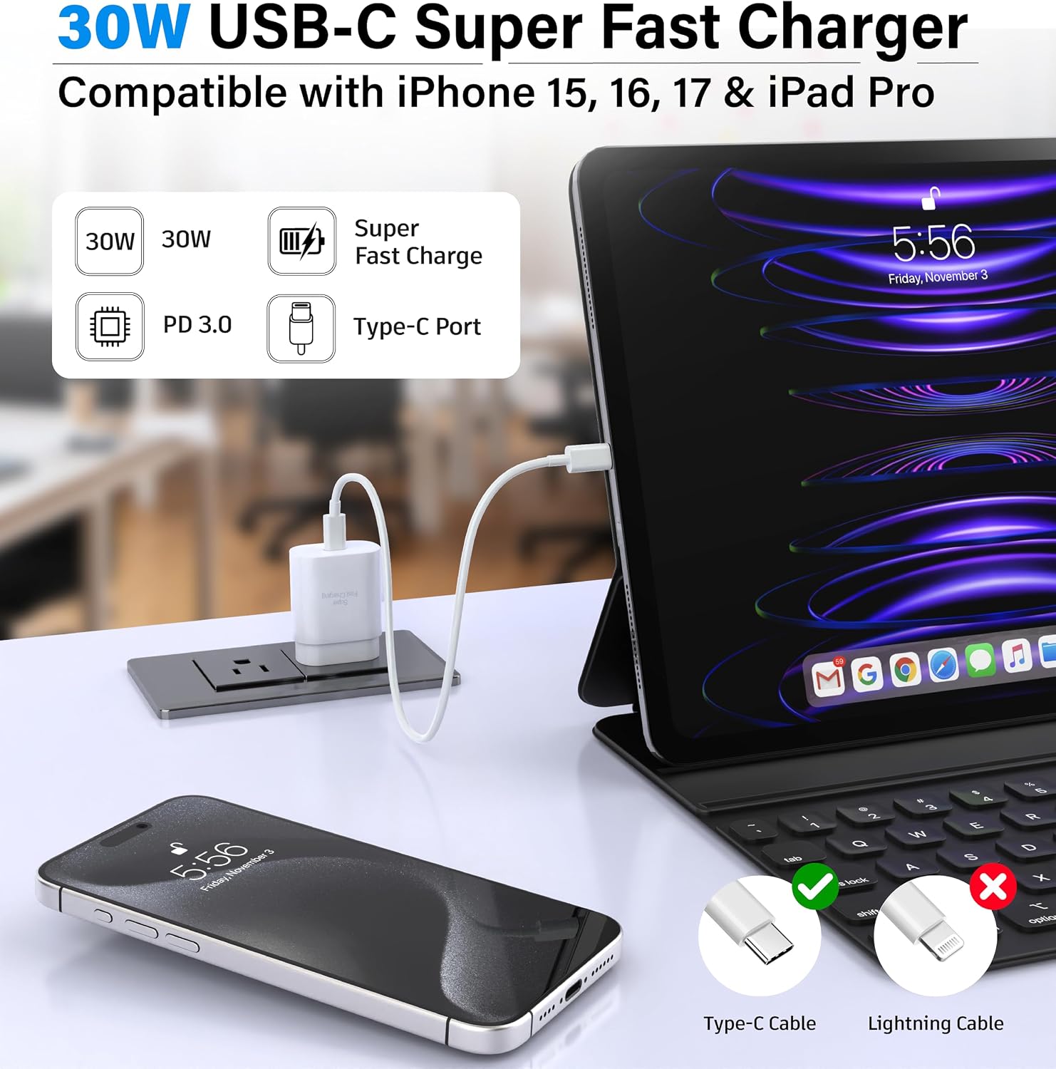 USB C Charger Block 30W PD Super Fast Charging Block Type C Plug Cube Wall Adapter Power Brick USB C Block for iPhone 17, 17 Air, 17 Pro Max,16,16e,15,14,13,12, 11, iPad, mini, Galaxy S26/S25/S24