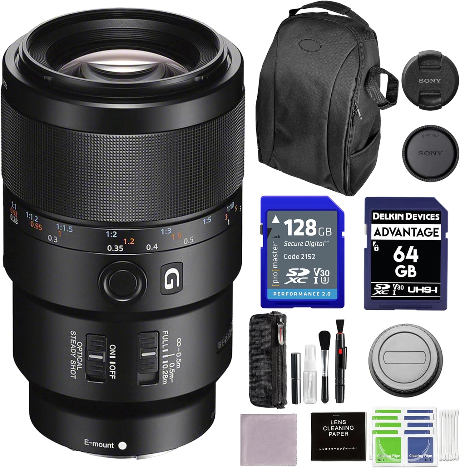 Sony FE 90mm f/2.8 Macro G OSS Lens (SEL90M28G) Bundle with Backpack, 128GB & 64GB Memory Card, + More | Sony 90mm f2.8