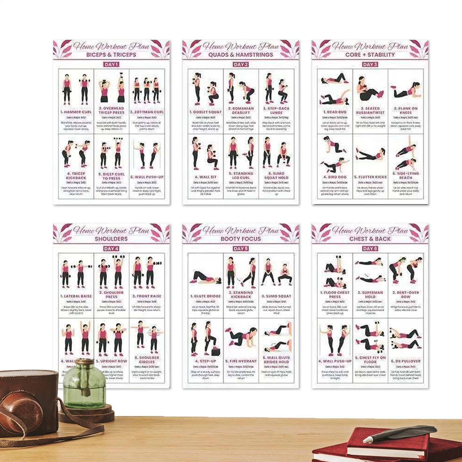 6-Pack Workout Exercise Poster Bundle Set -25.4x20.3cm Workouts Posters Yoga Action Chart, Body Weight Workout Poster For Dorm, Office, Apartment, Bedroom, Living Room