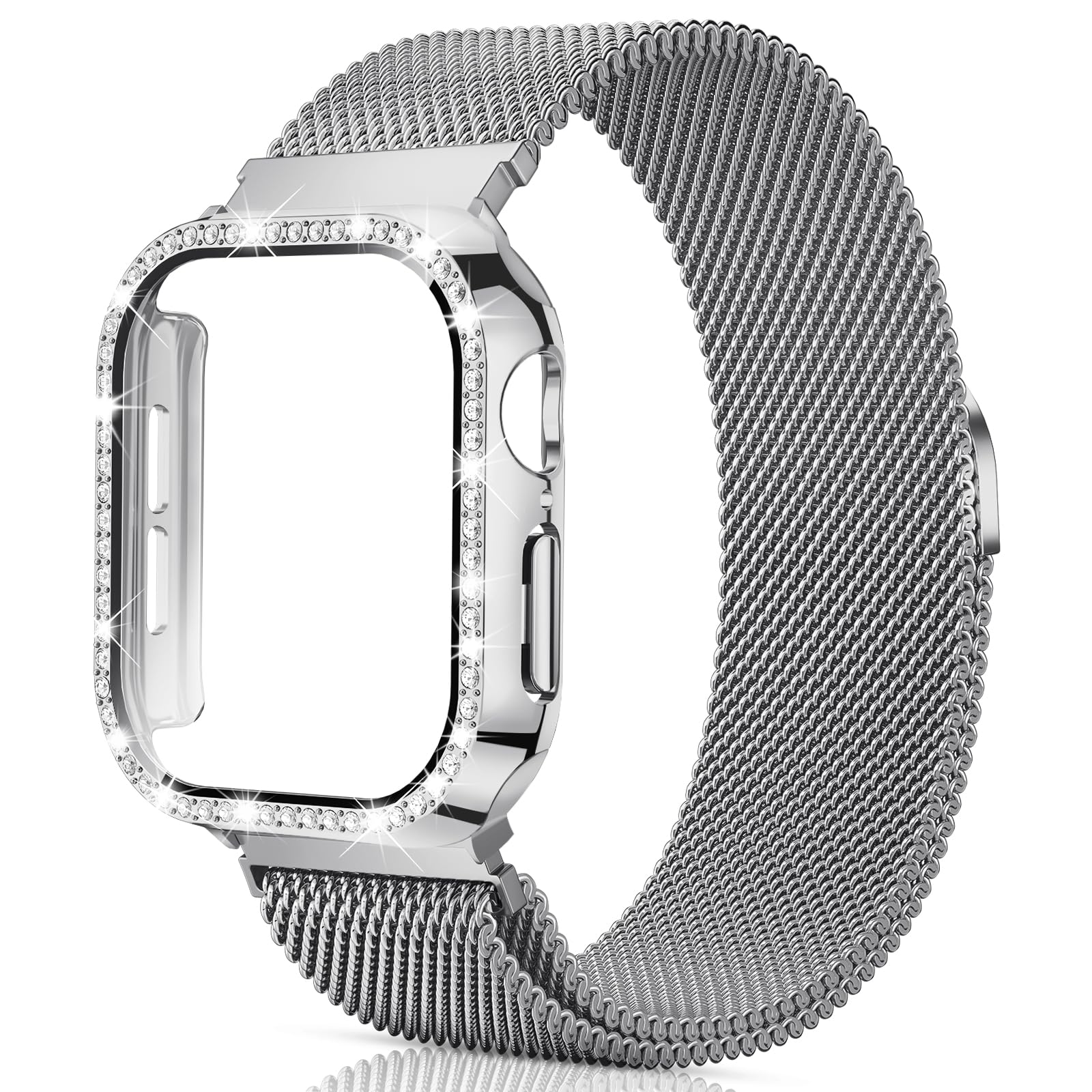 Mesh Loop with Bling Case Compatible with Apple Watch Band 38mm 40mm 41mm 42mm 44mm 45mm 46mm, Stainless Steel Metal Strap with Cover for iWatch