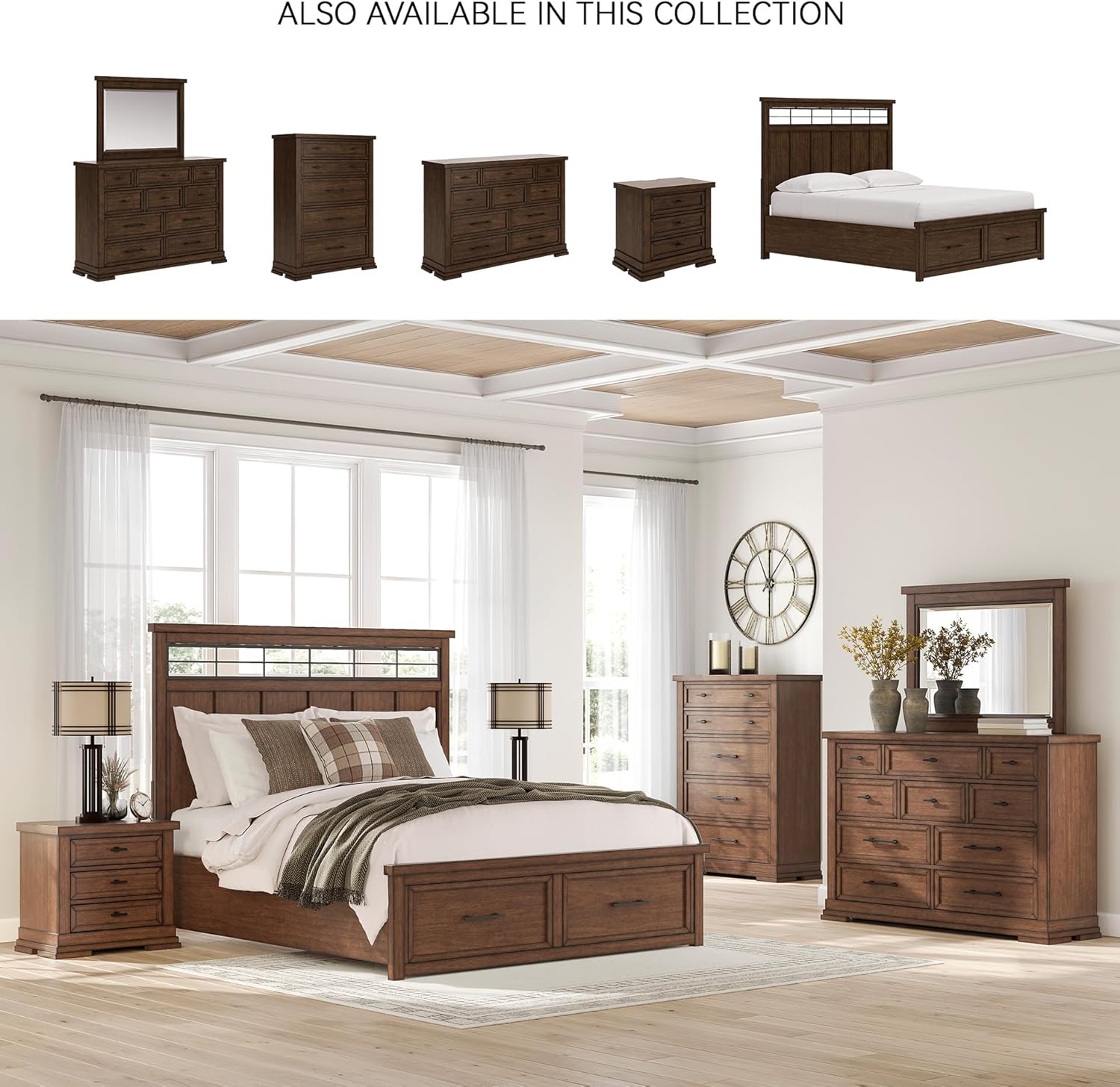 Signature Design by Ashley Taffenbrook Farmhouse 10-Drawer Bedroom Dresser with Felt-Lined Top Drawer for Jewelry and Delicates, Easy Glide Drawers, Picture Frame Moulding, Black Handles, Dark Brown Medium Brown 10 Drawer Dresser