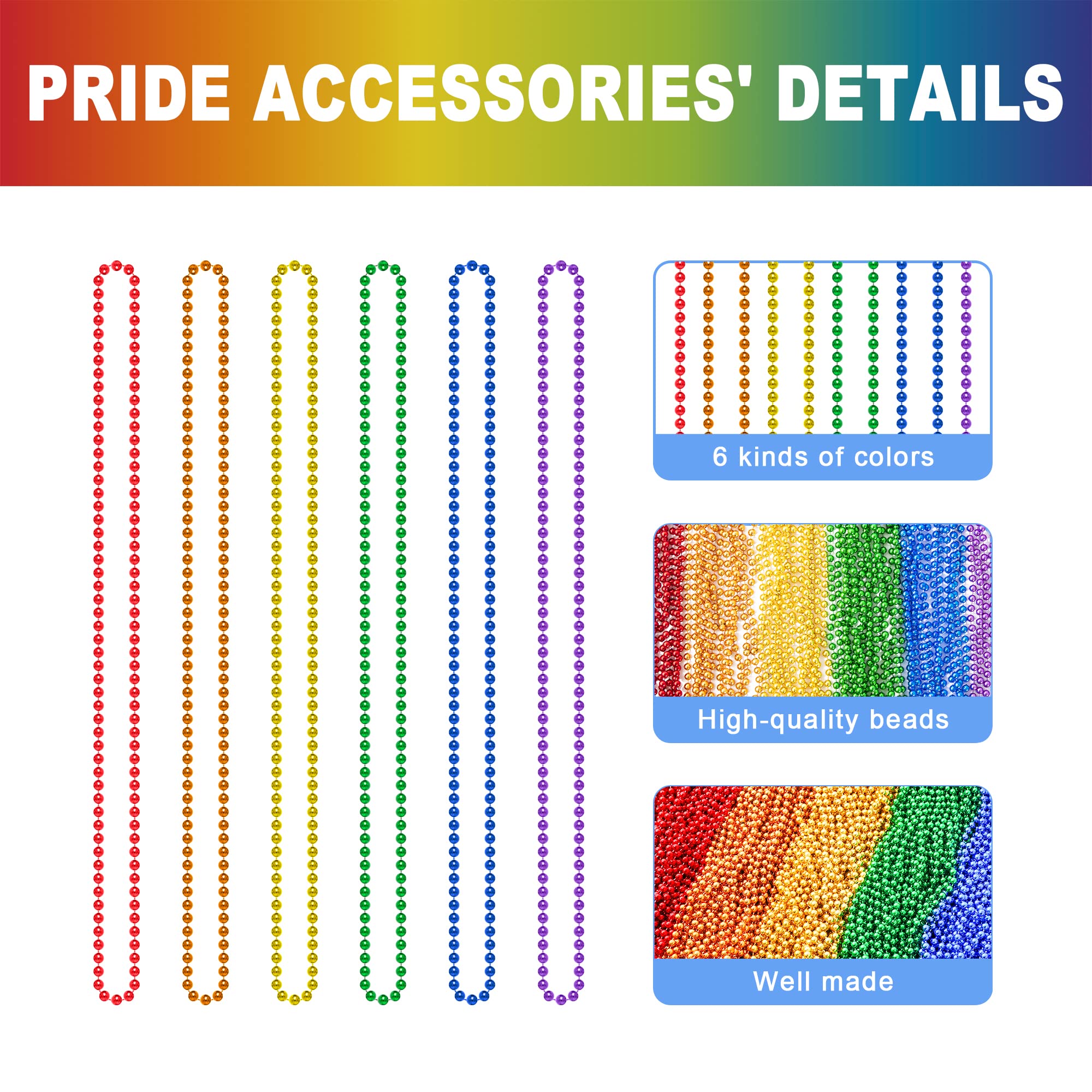 EOBOH Pride Beads Stuff, LGBTQ Necklace Accessories,100PCS 6 Kinds of LGBTQ Metallic Beads Necklaces Bulk, Gay Lesbian Pride Necklace, Costumes Decor for Pride Month Parade Throws Party Favors