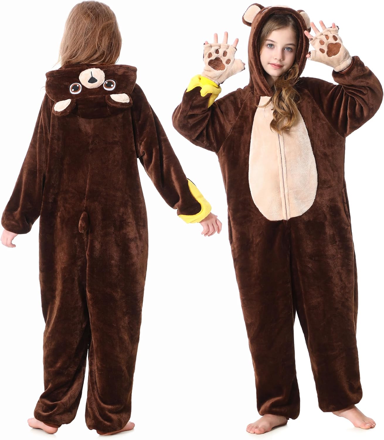 TIMSOPHIA Brown Bear Costume Kids, Girls Boys Flannel Plush Animal Bear Onesie for Halloween Christmas Cosplay - Image 2