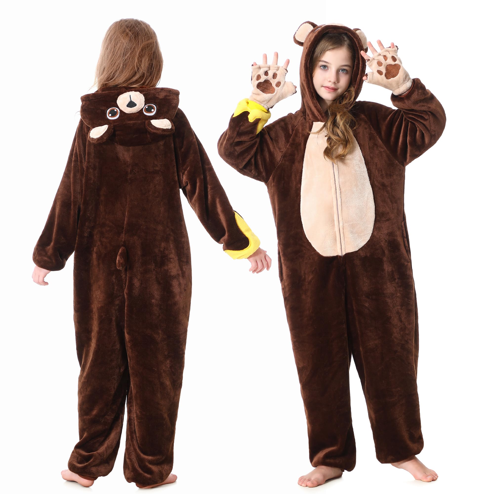Tuta intera costume animale per bambini, modelli mucca, procione e orso con guanti e campanello, tuta cosplay Halloween per maschi e femmine (Orso, 4-5 Anni)