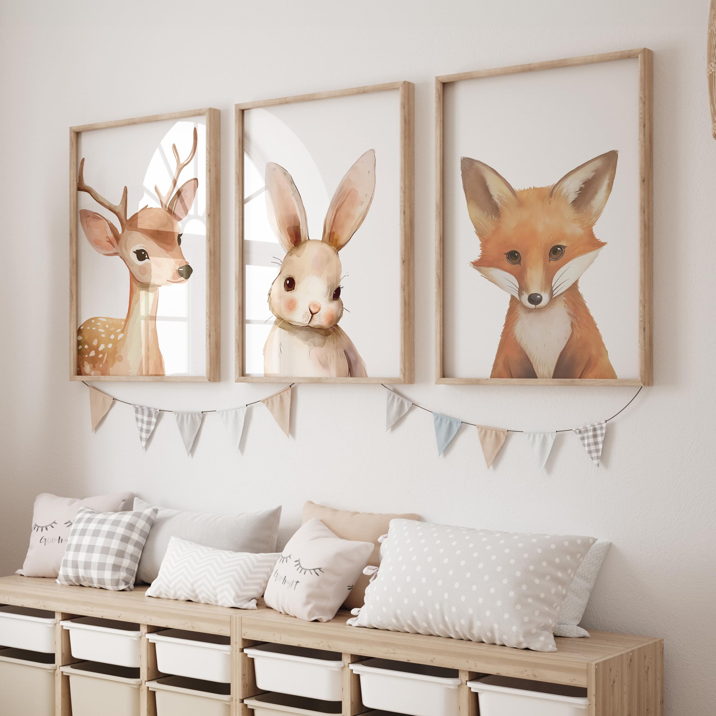 Rose Rowan Design Set of 3 Safari, Woodland, or Farm Animal Prints for Nursery, Kids Bedroom, or Playroom – Gender Neutral Wall Art Decor for Baby's Room (Woodland Plain, A4)