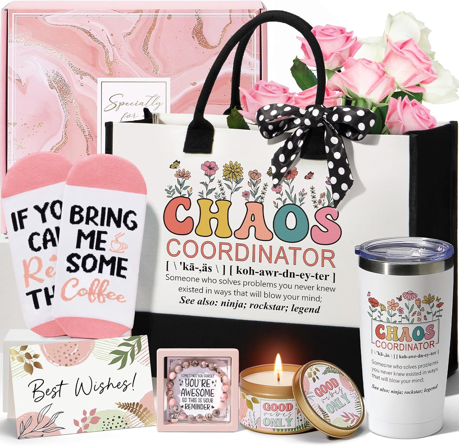 Thank You Gifts for Women Administrative Professional Day Gifts, Chaos Coordinator Basket for Coworkers Employee Boss lady Manager Nurse Teacher Appreciation Gift, Birthday Gift w/ Canvas Tote Bag