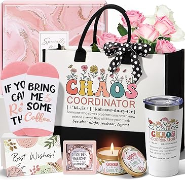Thank You Gifts for Women Administrative Professional Day Gifts, Chaos Coordinator Basket for Coworkers Employee Boss lady Manager Nurse Teacher Appreciation Gift, Birthday Gift w/ Canvas Tote Bag