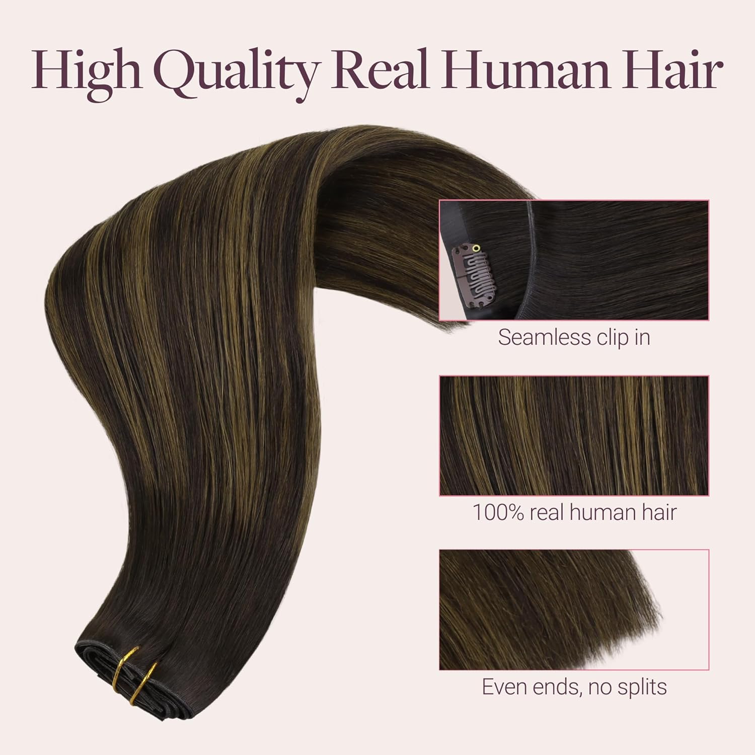 GOO GOO Genius Clip in Hair Extensions, 18inch 120g 7pcs, Seamless PU Clip in Hair Extensions, Virgin Real Human Hair, #(T2/6) P2 Dark Brown to Chestnut Brown