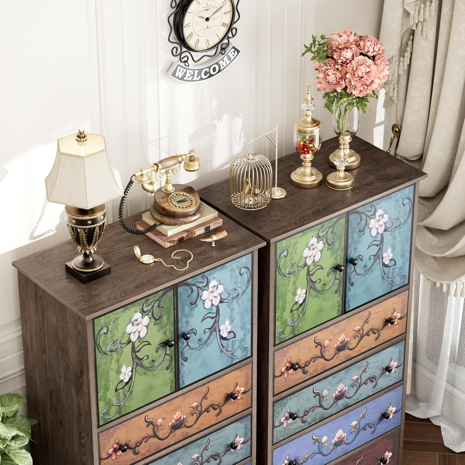 FINETONES 50’’ Tall Dresser, Boho Dresser Vintage Dressers with 4 Drawers and 2 Doors, Wood Chests of Drawers for Home, 16.1D x 23.6W x 50H Inch