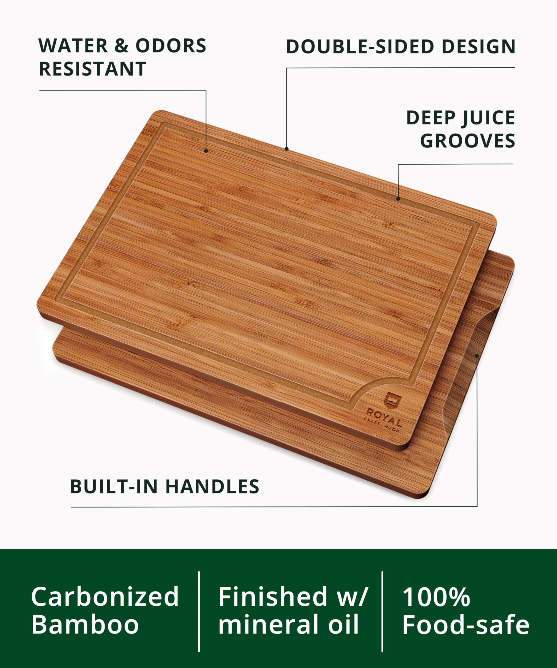 ROYAL CRAFT WOOD Wooden Cutting Boards for Kitchen Meal Prep & Serving - Bamboo Wood Serving Board Set with Deep Juice Groove Side Handles - Charcuterie & Chopping Butcher Block for Meat (3 Pcs)