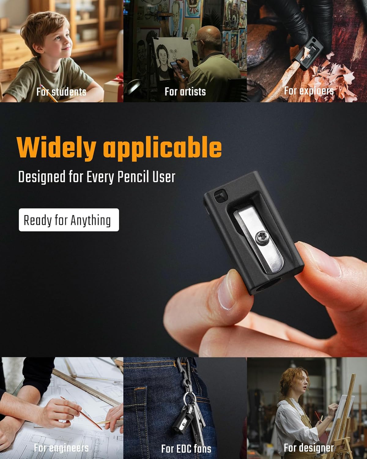 KeyUnity KT01 Single Hole Pencil Sharpener, Titanium Handheld Pencil Sharpener with German Steel Blade for Keychain | School | Office Outdoor | Back to School Supplies (Black, Single Hole)