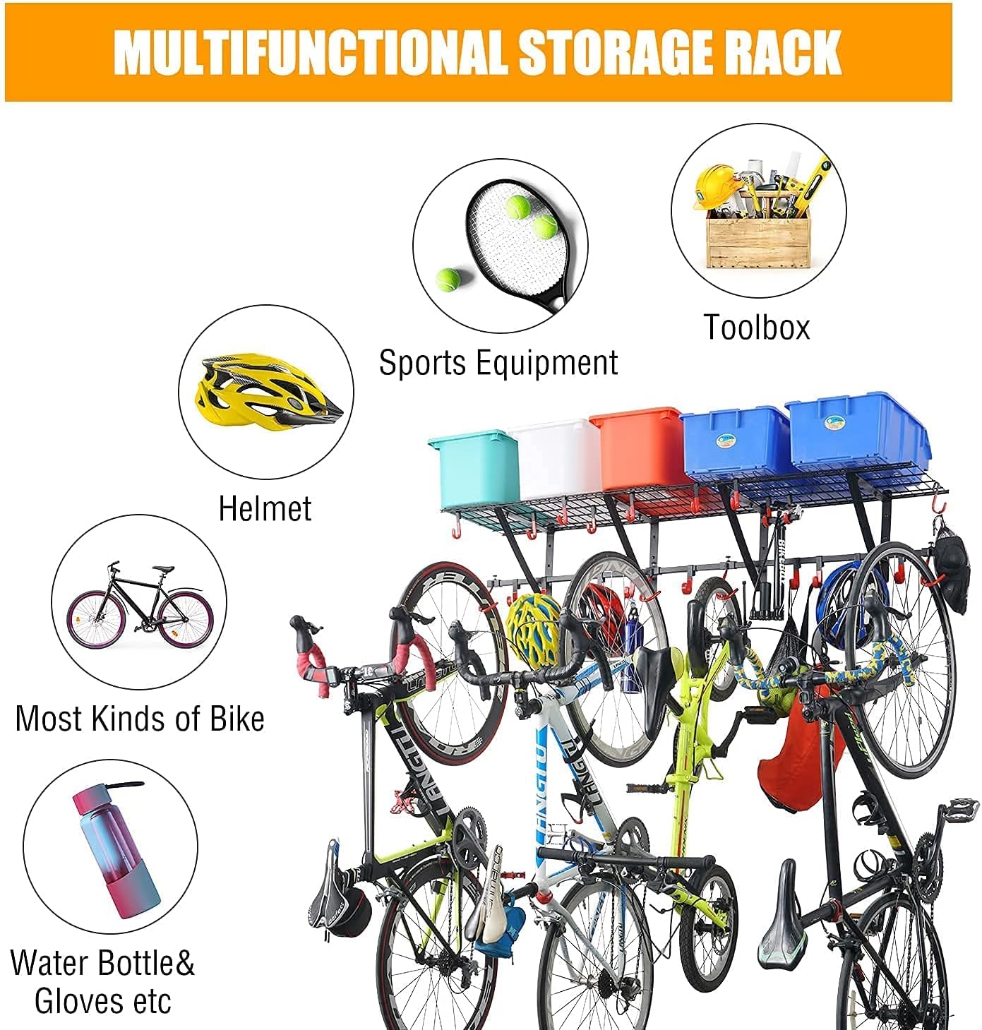 PLKOW Golf Bag Storage Garage Organizer, Fit for 2 Golf Bags and Golf Accessories, Garage Wall Shelving 1 Pack Includes Bike Hooks