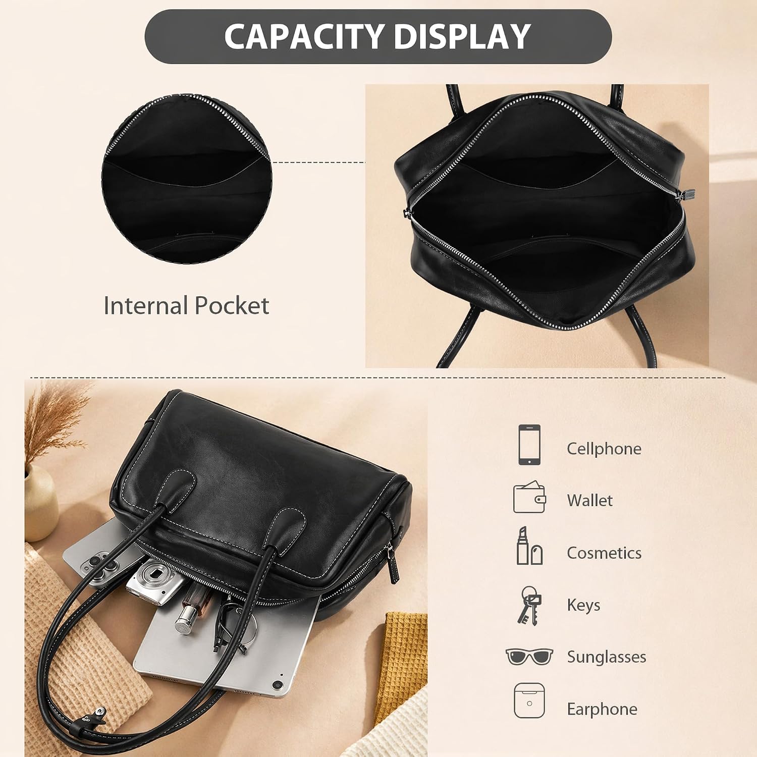 Shoulder Bag for Women, Vegan Leather Bowling Purse with Top Handle, Double Zipper Closure
