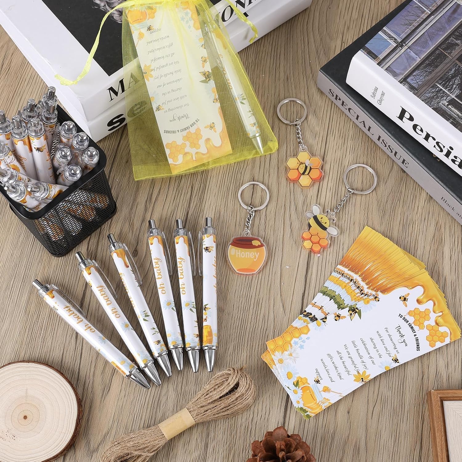 145 Pieces Bee Baby Shower Favors for Guest Honeycomb Ballpoint Pens and Keychains Gifts Bulk Retractable Honey Baby Shower Party Pens Gender Reveal Greeting Cards Souvenirs Prizes
