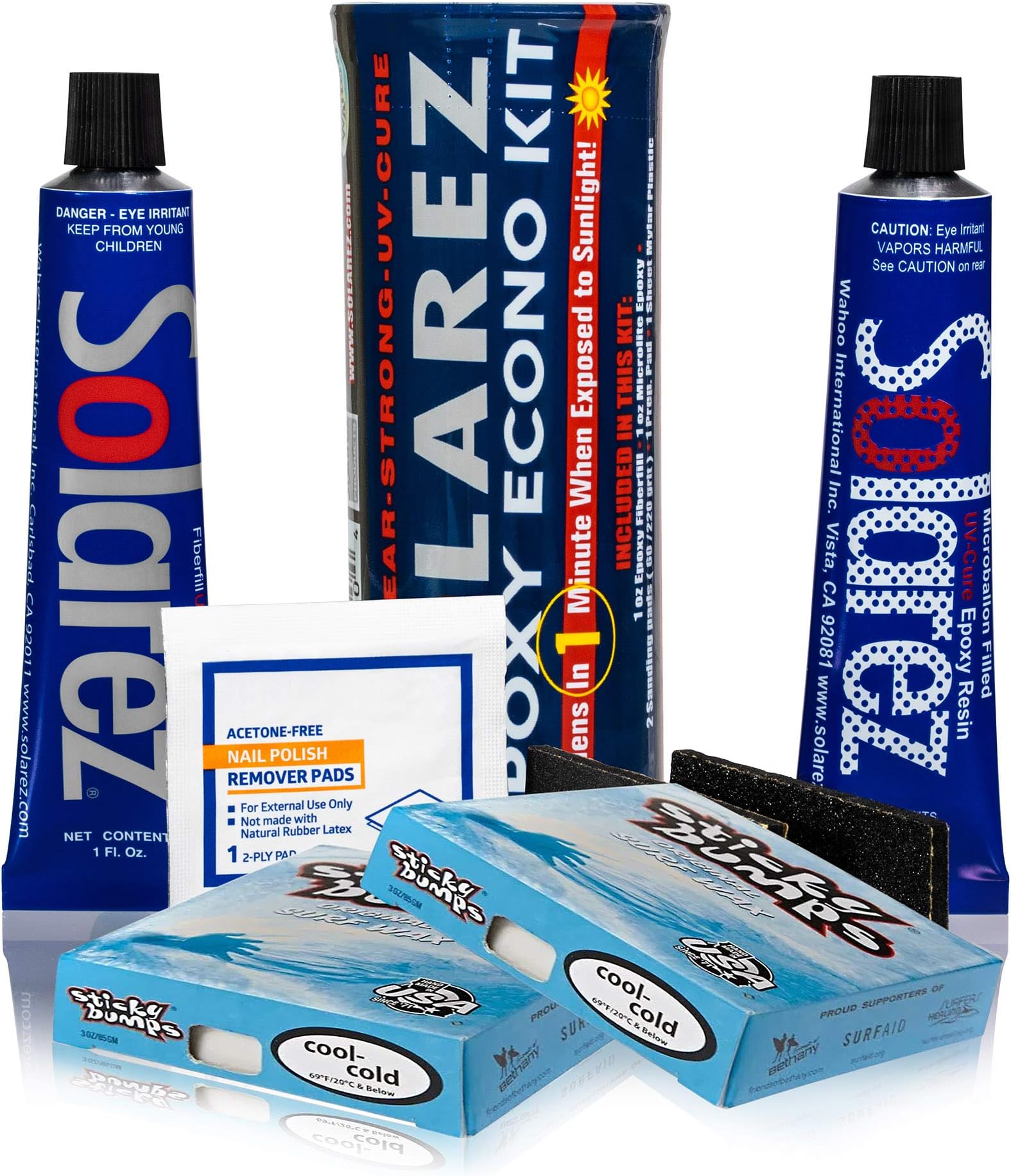 SOLAREZEPOXY Econo Gift KIT + Sticky Bumps WAX! ~ UV Cure Epoxy Surfboard, SUP, Wakeboard Repair w/ Epoxy Fiberfill Putty + Microlite Epoxy Putty + 2 Grit Sand Pads + Acetone Prep-Pad + Cool/Cold WAX