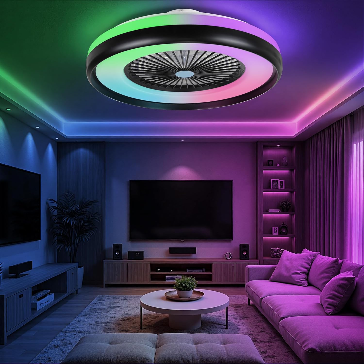 RGB Ceiling Fan with Light, 24'' Low Profile Ceiling Fans, Flush Mount LED Fan Light with Remote Control, Modern Bladeless Fandelier for Bedroom, Living Room, Kitchen (Black, 24")