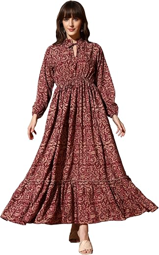 KZULLY | Dress for Women | Boho Floral Maxi | Long Sleeve High Neck | Anarkali Style A-Line | Casual &amp; Ethnic Wear
