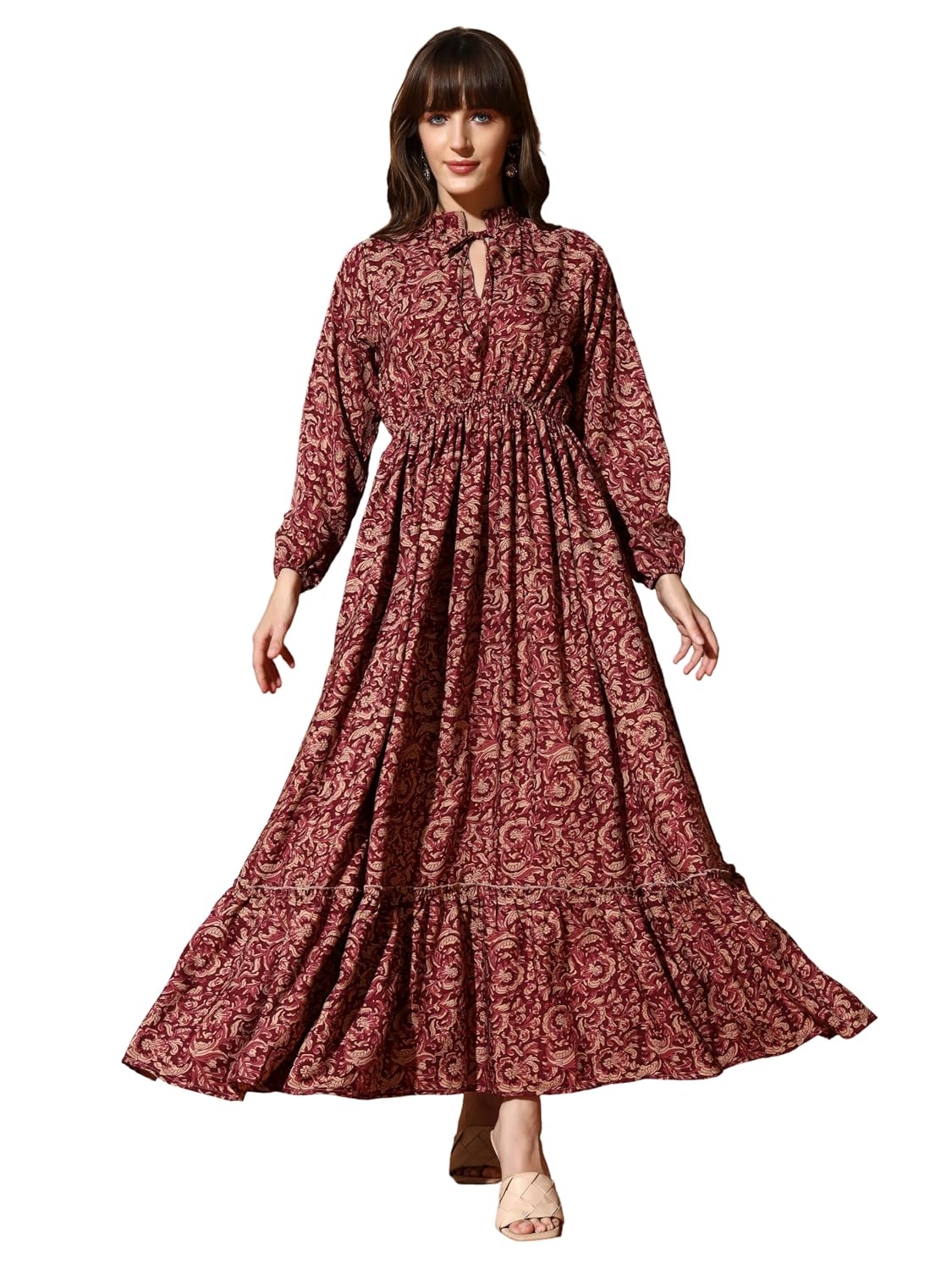 KZULLY | Dress for Women | Boho Floral Maxi | Long Sleeve High Neck | Anarkali Style A-Line | Casual & Ethnic Wear