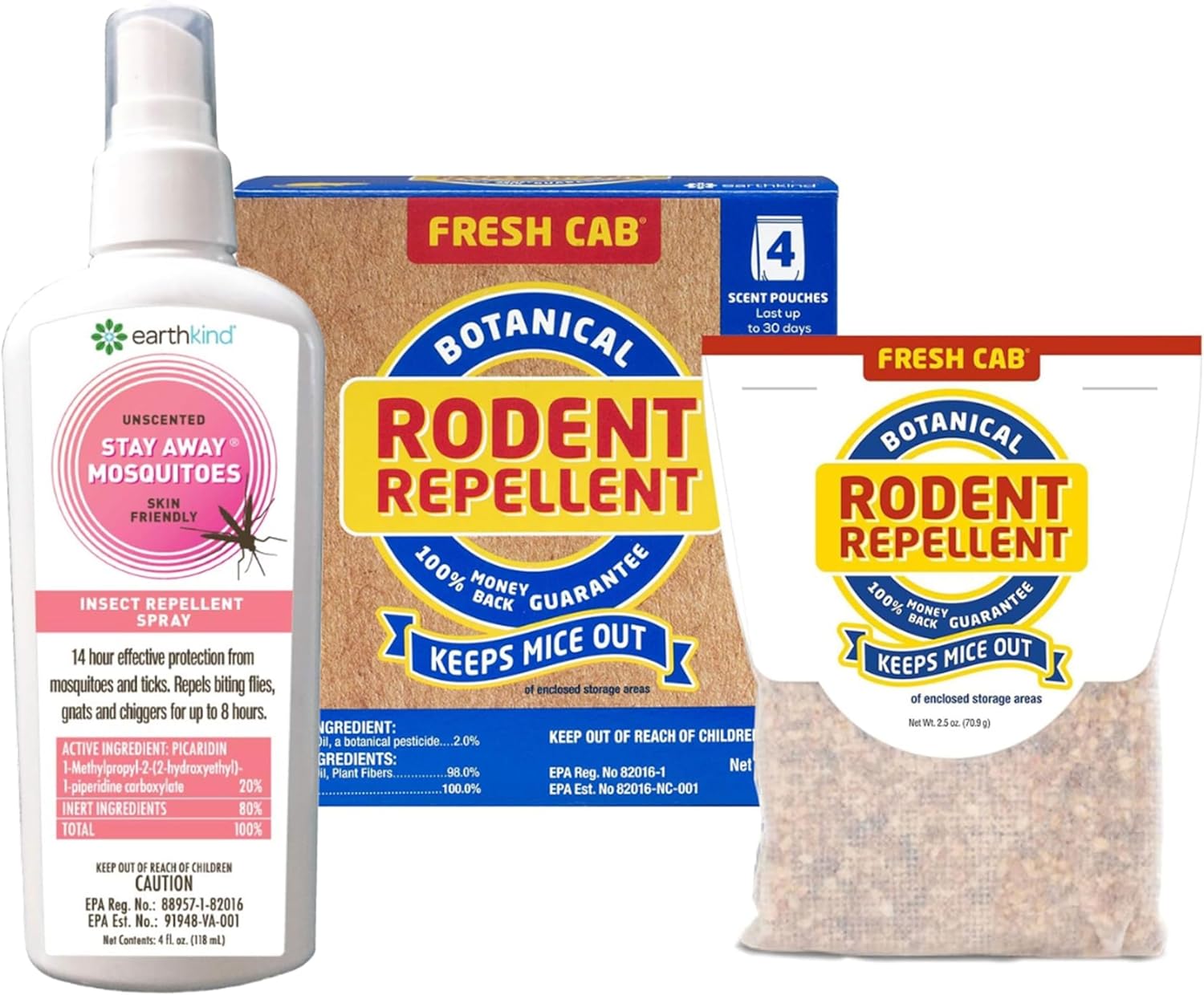 Fresh Cab EarthKind Rodent and Mosquito Bundle Mouse Repellent 4-Pack and Stay Away Mosquitoes Insect Repellent 4 Oz