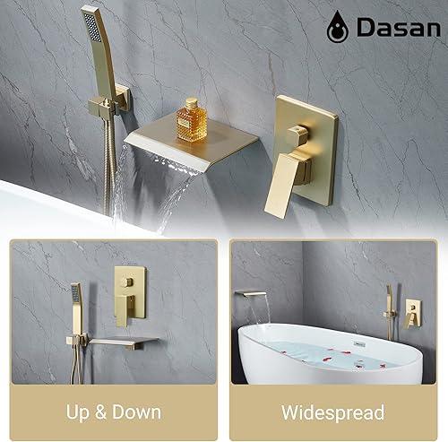 Miniatura 3 de DASAN - Grifo de llenado de bañera de montaje en pared mejorado con ducha de mano, grifo de bañera moderno montado en la pared, dorado cepillado,