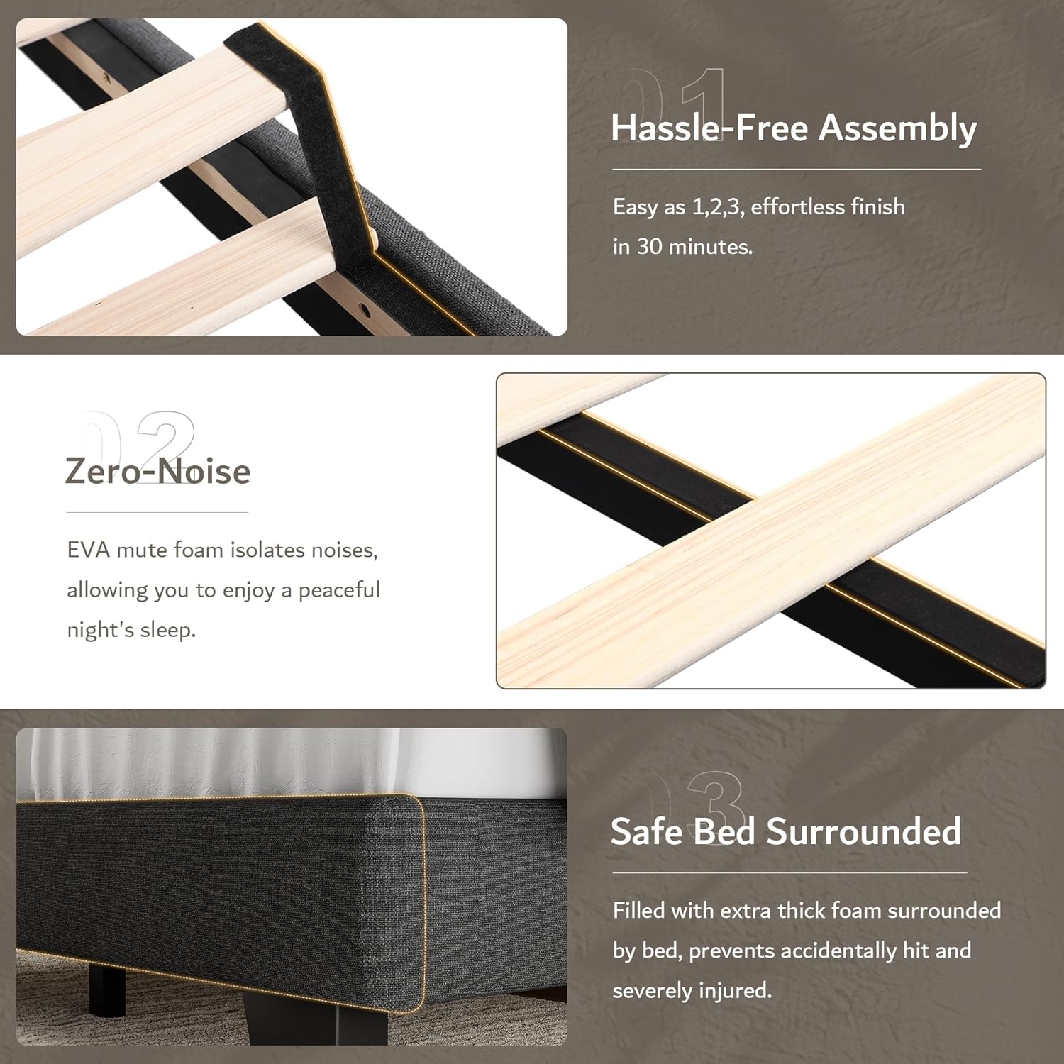 iPormis Queen Platform Bed Frame with Fabric Upholstered Headboard & Thickened Legs, Mattress Foundation w/Solid Wooden Slats Support, Noise Free, No Box Spring Needed, Dark Grey - Image 6