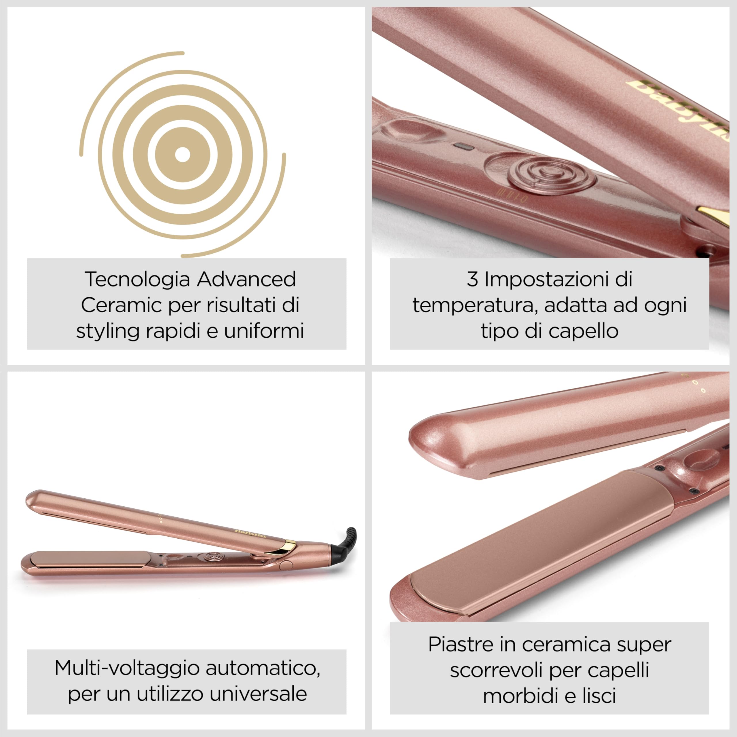 BaByliss Piastra Capelli Rose Gold, Piastre in ceramica, Multi-voltaggio, Pronta all'uso in 15 secondi, 3 Impostazioni di temperatura fino a 235°C, rose gold, 2598PE