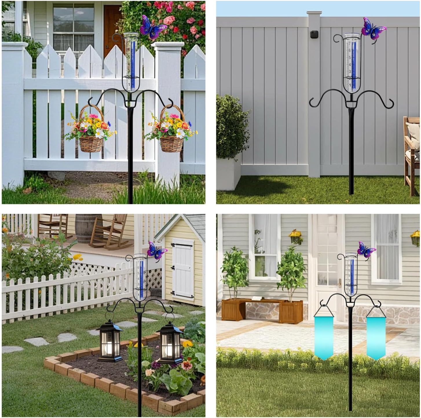 61" Shepherds Hook with Rain Gauge Outdoor, 5-Prong Metal Rain Gauge Stake with Blue Stripe & Large Numbers, 3/4 Inch Thick Tall Shepherds Hooks Bird Feeder Pole for Yard Garden Decor